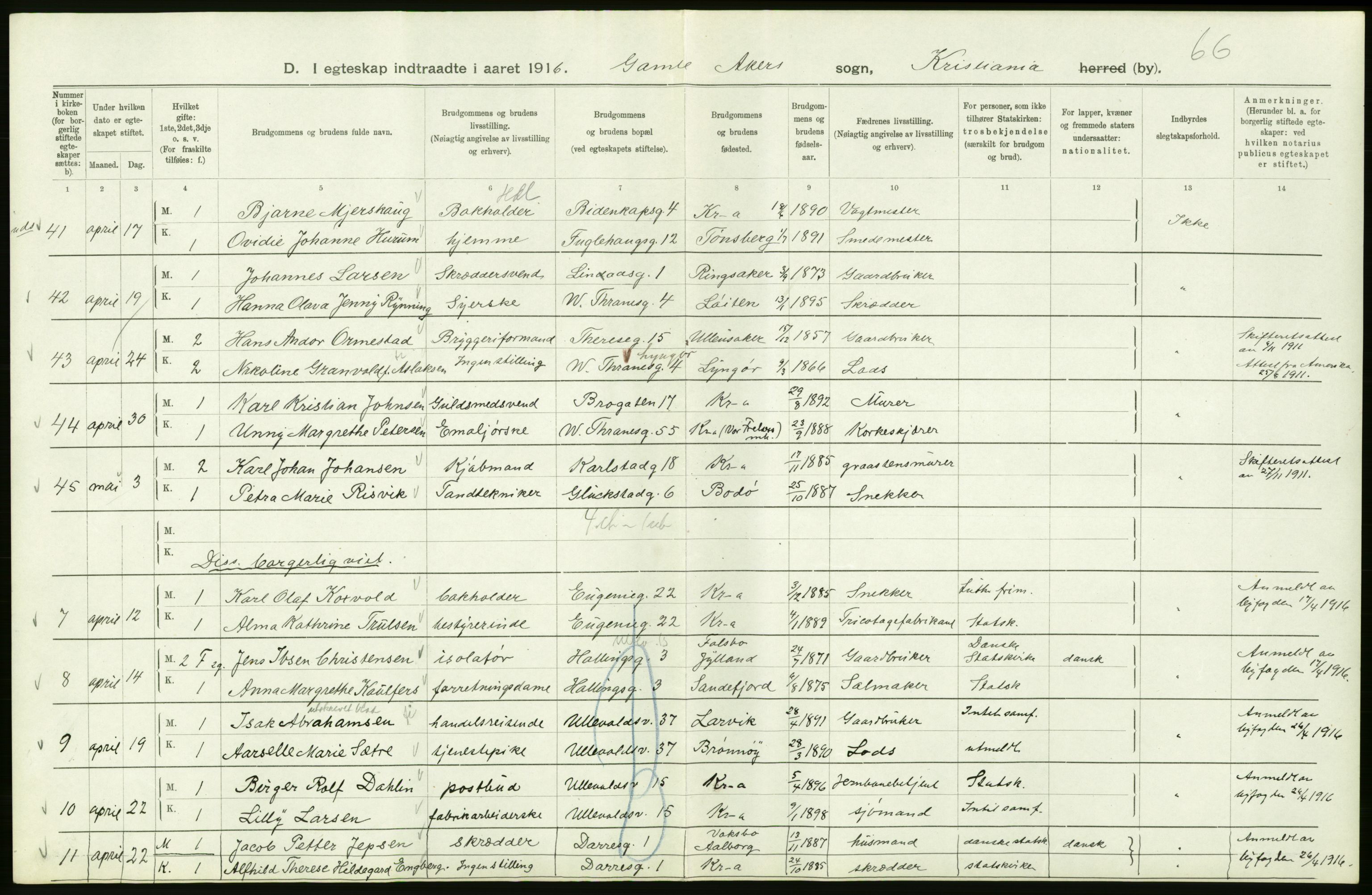 Statistisk sentralbyrå, Sosiodemografiske emner, Befolkning, RA/S-2228/D/Df/Dfb/Dfbf/L0008: Kristiania: Gifte, 1916, s. 140