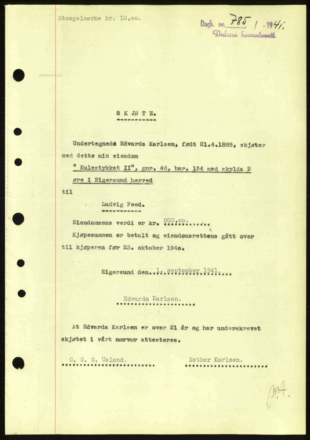 Dalane sorenskriveri, SAST/A-100309/02/G/Gb/L0045: Pantebok nr. A6, 1941-1942, Dagboknr: 785/1941