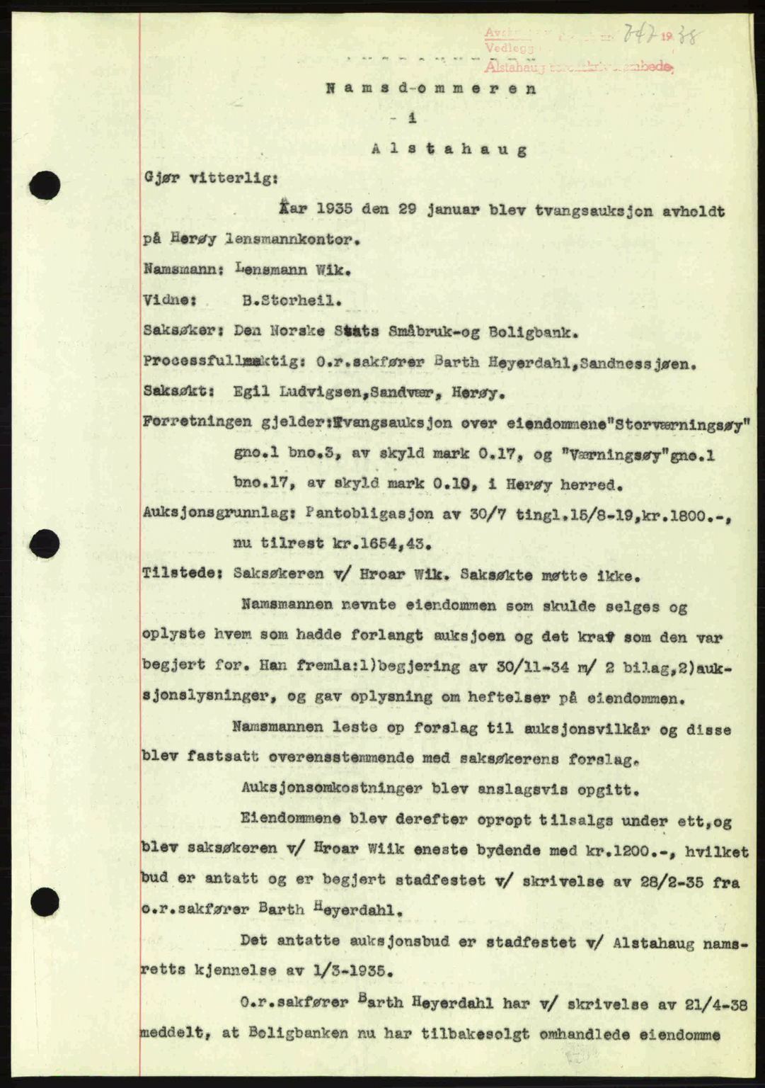 Alstahaug sorenskriveri, SAT/A-1009: Pantebok nr. A3, 1937-1938, Dagboknr: 747/1938