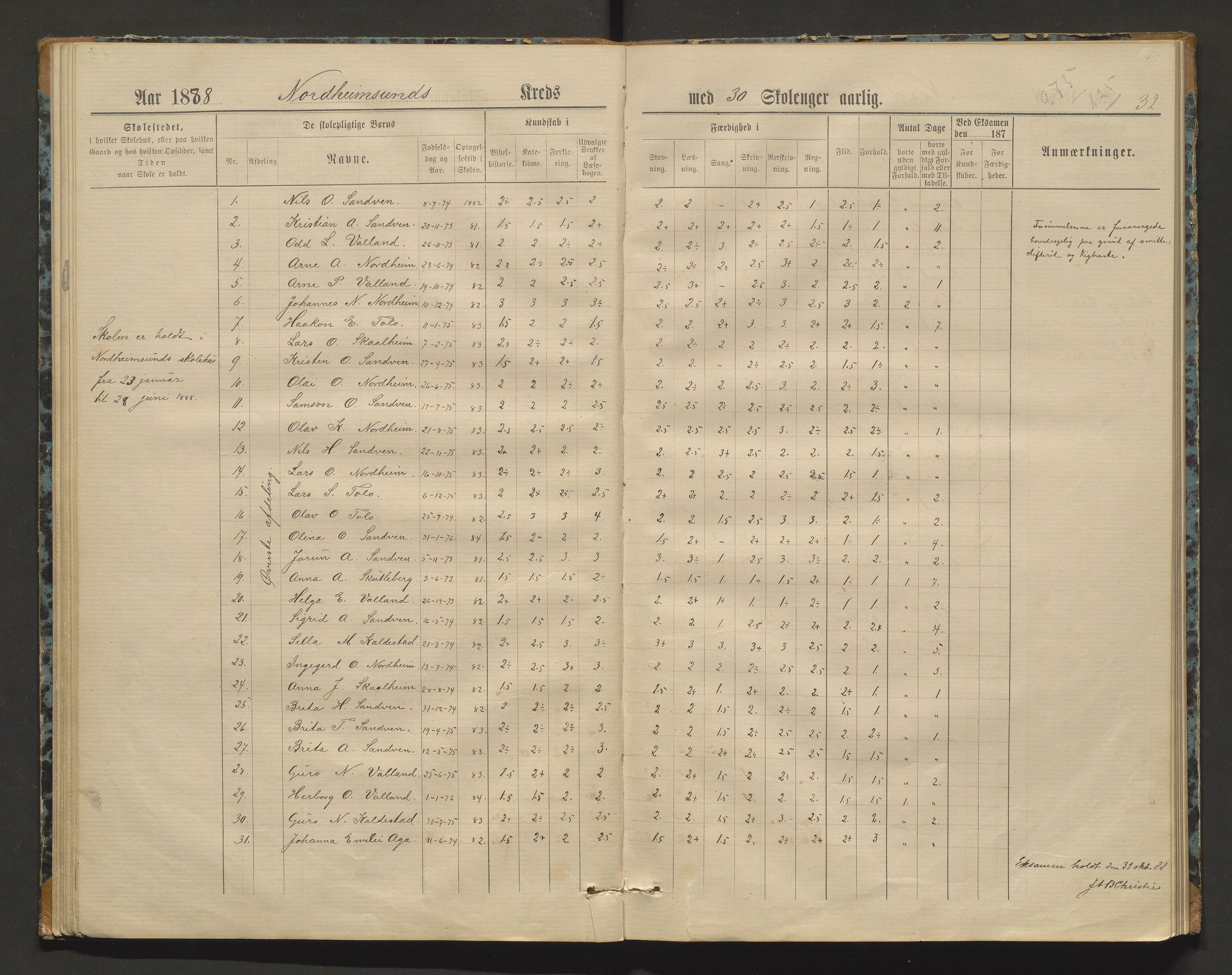 Kvam herad. Barneskulane, IKAH/1238-231/F/Fa/L0002: Skuleprotokoll for Norheimsund krins, 1878-1891, s. 31