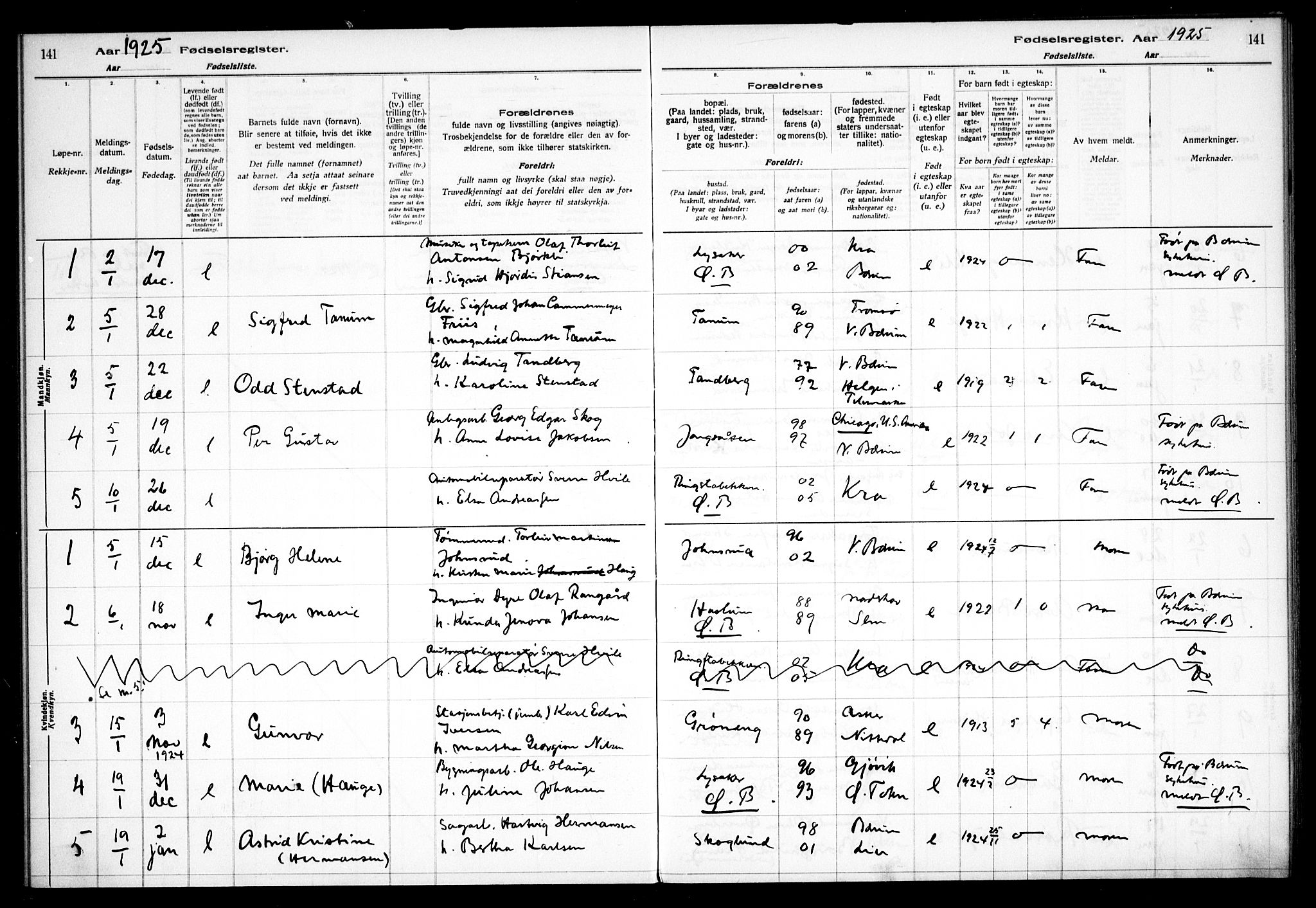 Vestre Bærum prestekontor Kirkebøker, AV/SAO-A-10209a/J/L0001: Fødselsregister nr. 1, 1916-1926, s. 141