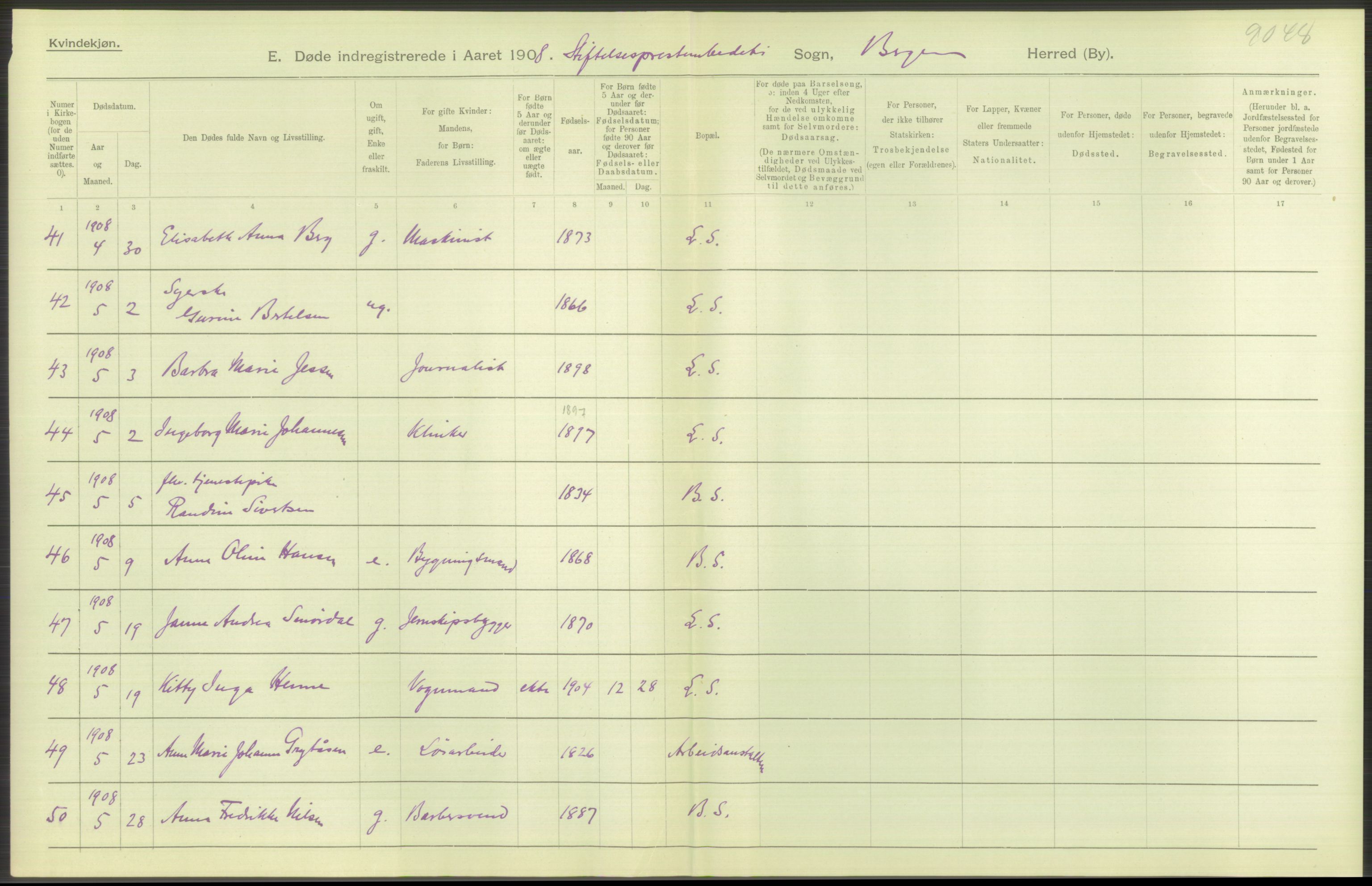 Statistisk sentralbyrå, Sosiodemografiske emner, Befolkning, AV/RA-S-2228/D/Df/Dfa/Dfaf/L0031: Bergen: Gifte, døde, dødfødte., 1908, s. 12