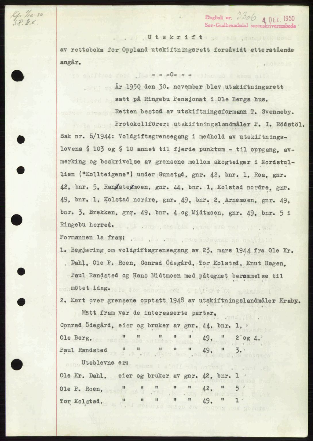 Sør-Gudbrandsdal tingrett, SAH/TING-004/H/Hb/Hbd/L0029: Pantebok nr. A29, 1950-1950, Dagboknr: 3306/1950