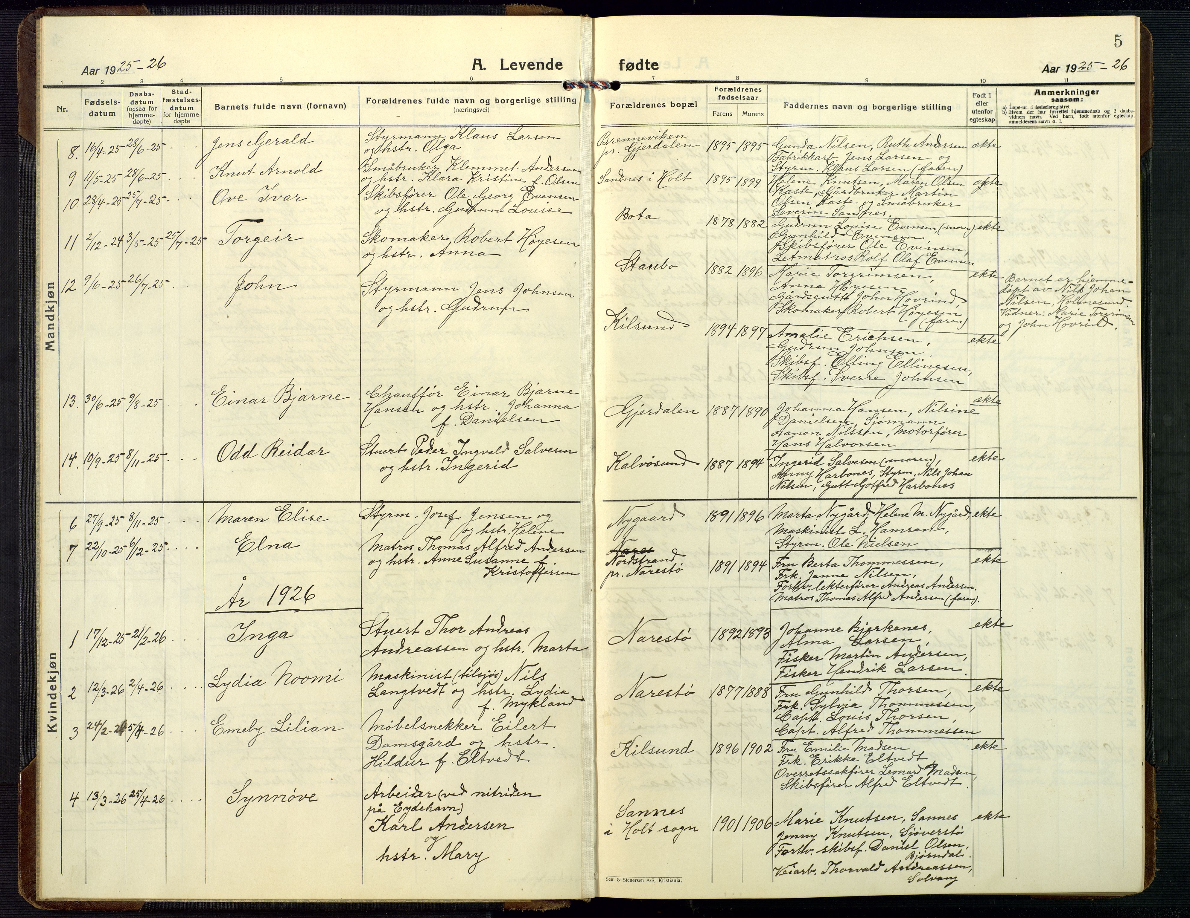 Dypvåg sokneprestkontor, AV/SAK-1111-0007/F/Fb/Fbb/L0006: Klokkerbok nr. B 6, 1925-1954, s. 5