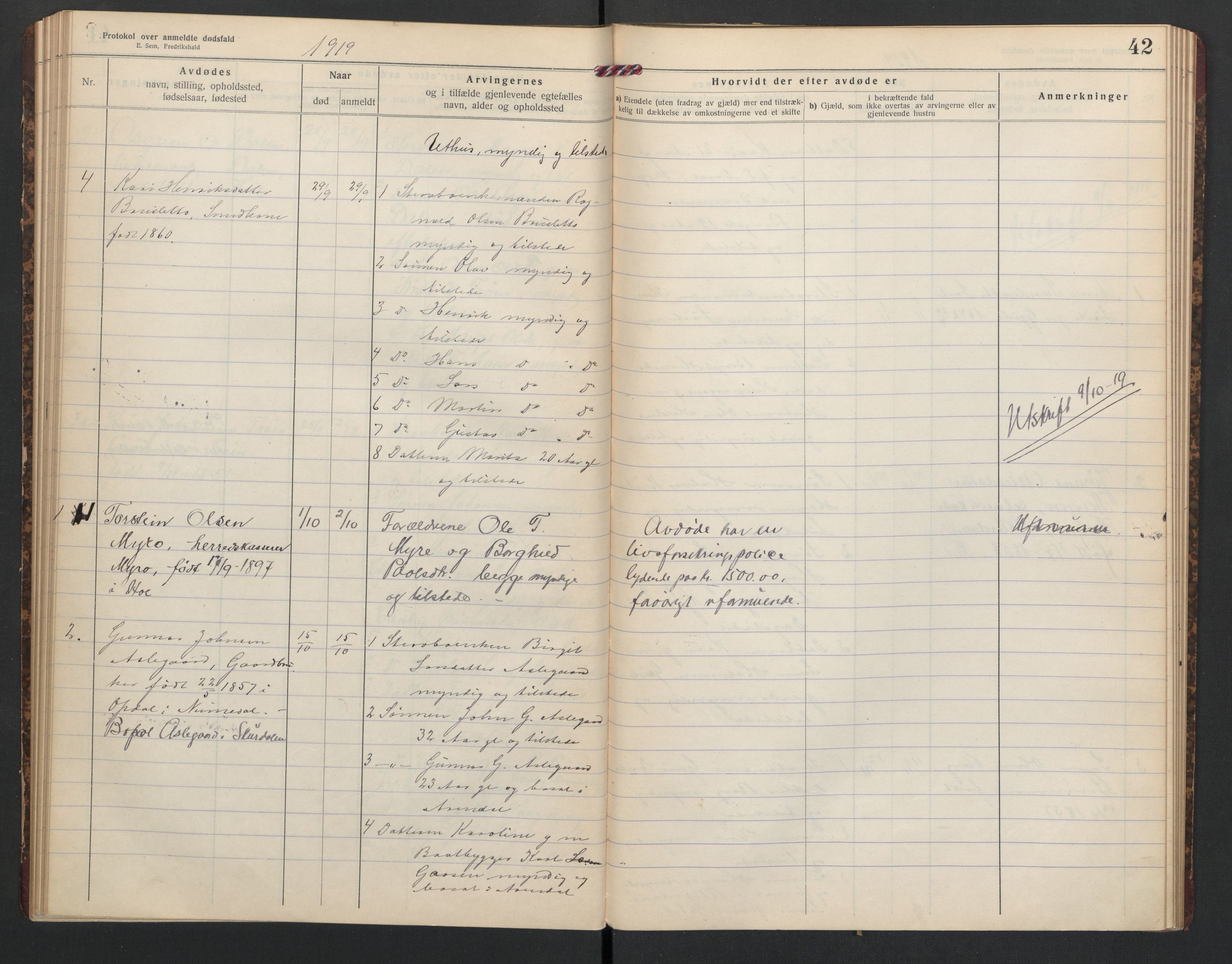 Hol lensmannskontor, AV/SAKO-A-512/H/Ha/L0005: Dødsanmeldelsesprotokoll, 1917-1924, s. 42