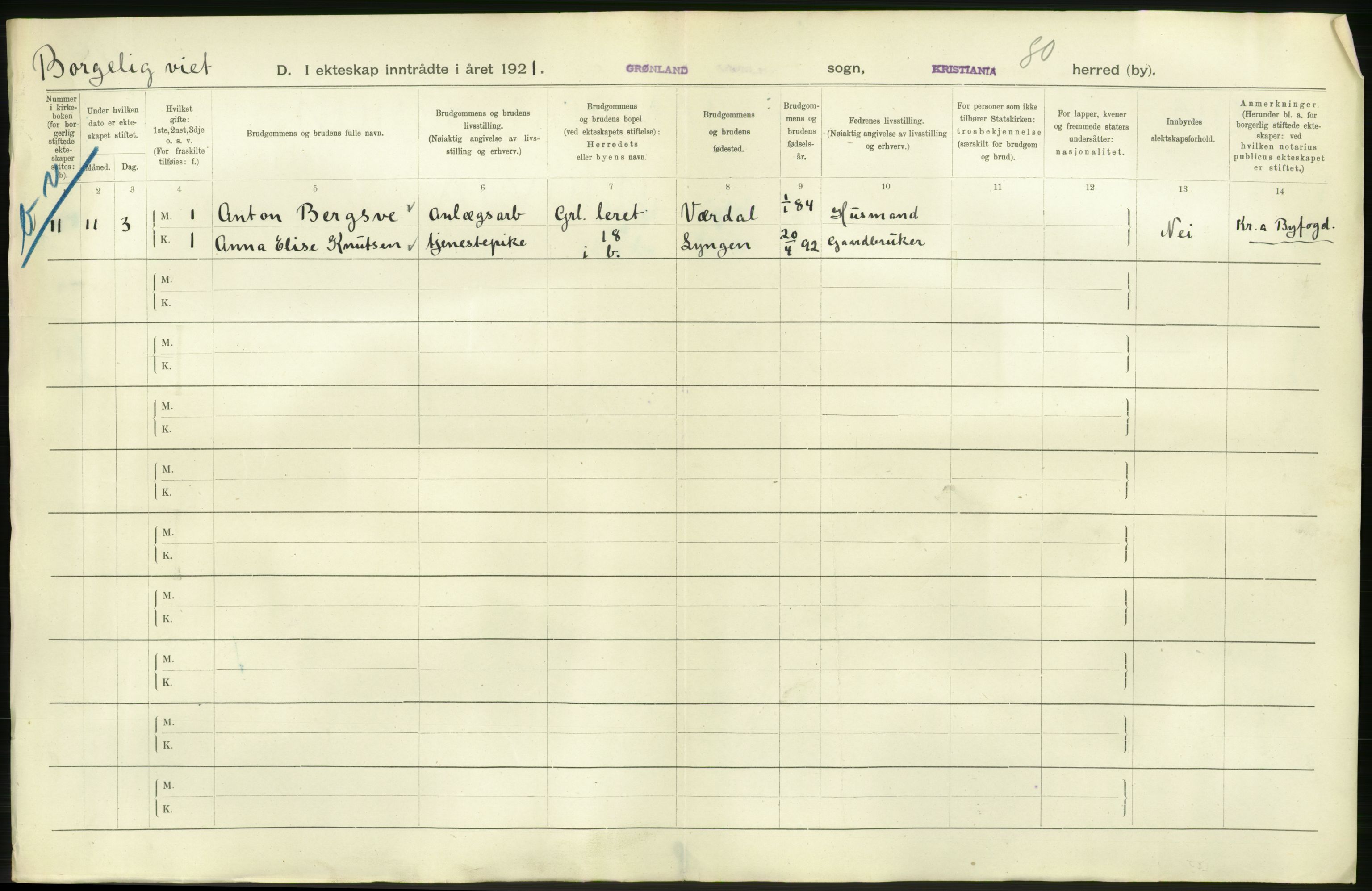 Statistisk sentralbyrå, Sosiodemografiske emner, Befolkning, AV/RA-S-2228/D/Df/Dfc/Dfca/L0011: Kristiania: Gifte, 1921, s. 722