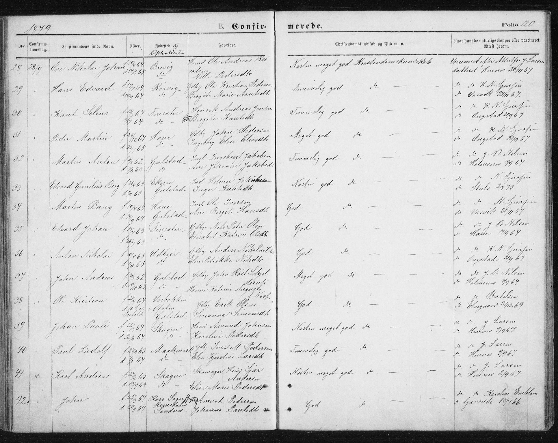 Ministerialprotokoller, klokkerbøker og fødselsregistre - Nordland, AV/SAT-A-1459/888/L1243: Ministerialbok nr. 888A09, 1876-1879, s. 120
