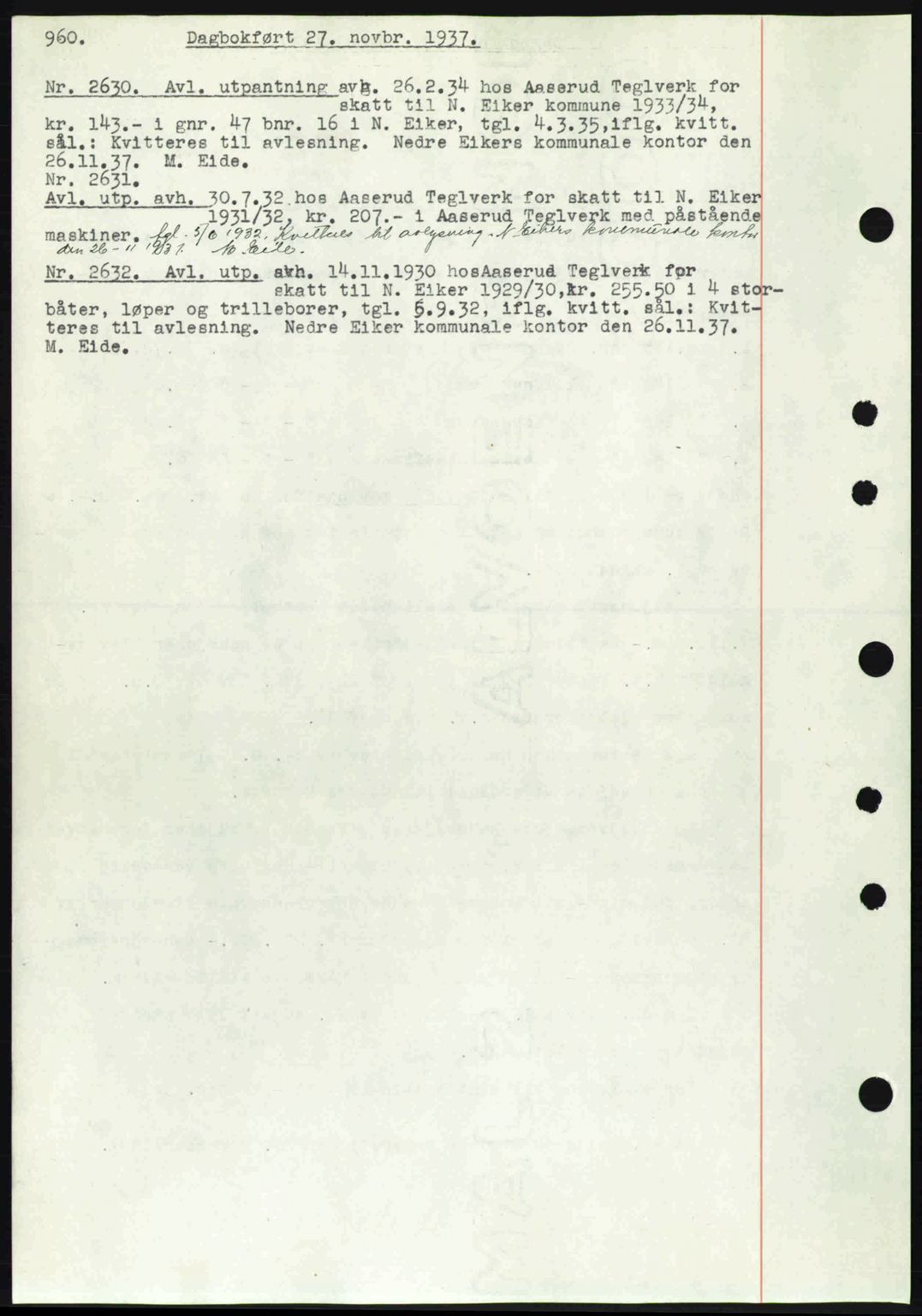 Eiker, Modum og Sigdal sorenskriveri, SAKO/A-123/G/Ga/Gab/L0036: Pantebok nr. A6, 1937-1937, Dagboknr: 2630/1937