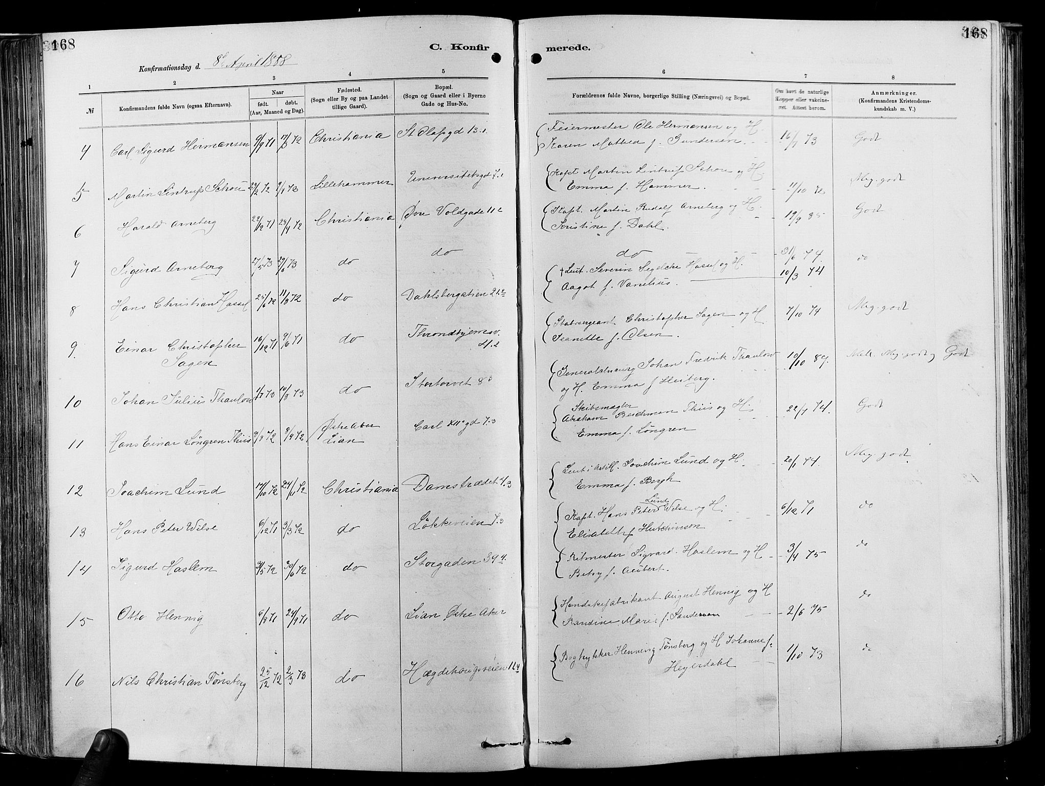 Garnisonsmenigheten Kirkebøker, SAO/A-10846/F/Fa/L0012: Ministerialbok nr. 12, 1880-1893, s. 168