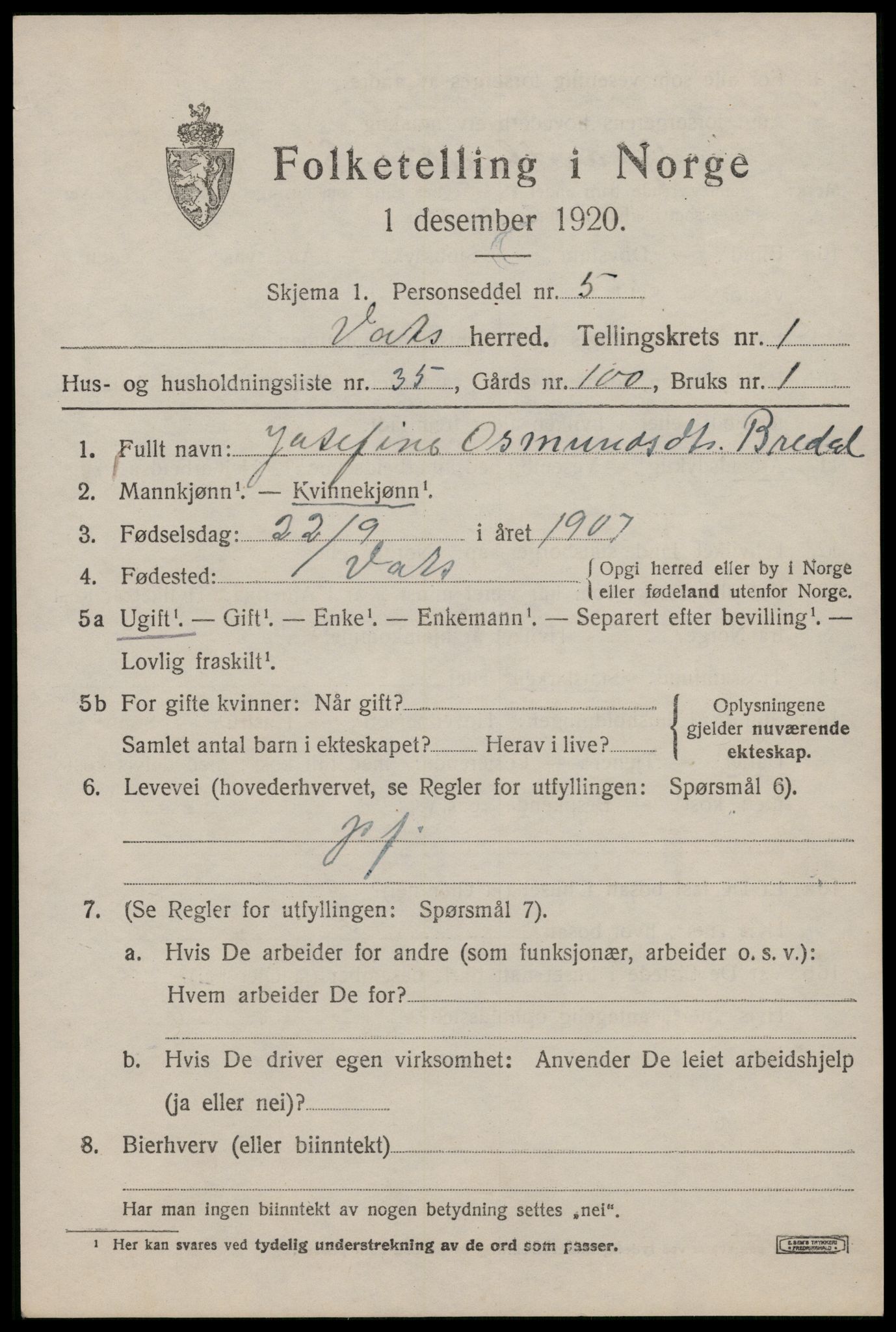 SAST, Folketelling 1920 for 1155 Vats herred, 1920, s. 805