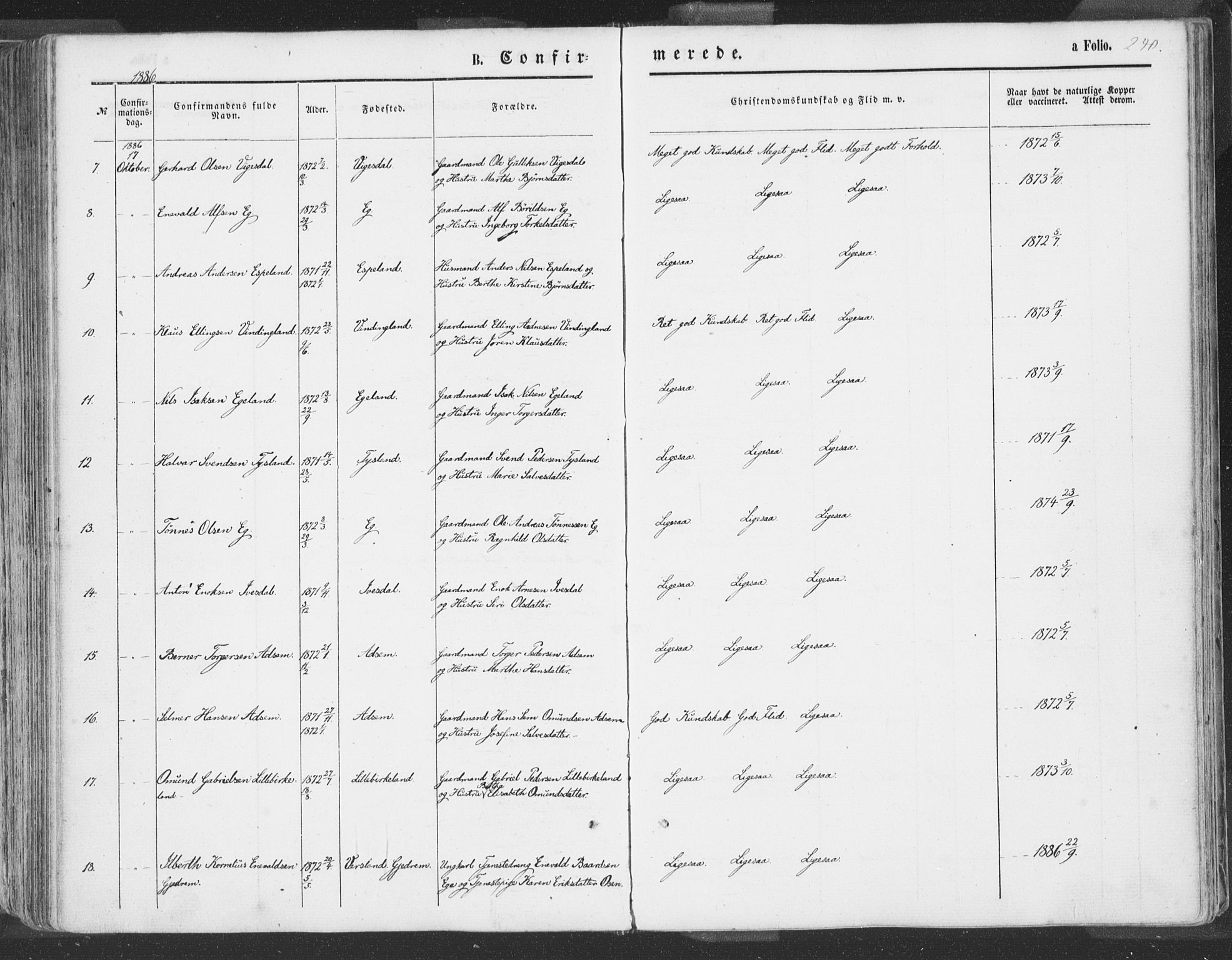 Helleland sokneprestkontor, SAST/A-101810: Ministerialbok nr. A 7.1, 1863-1886, s. 240