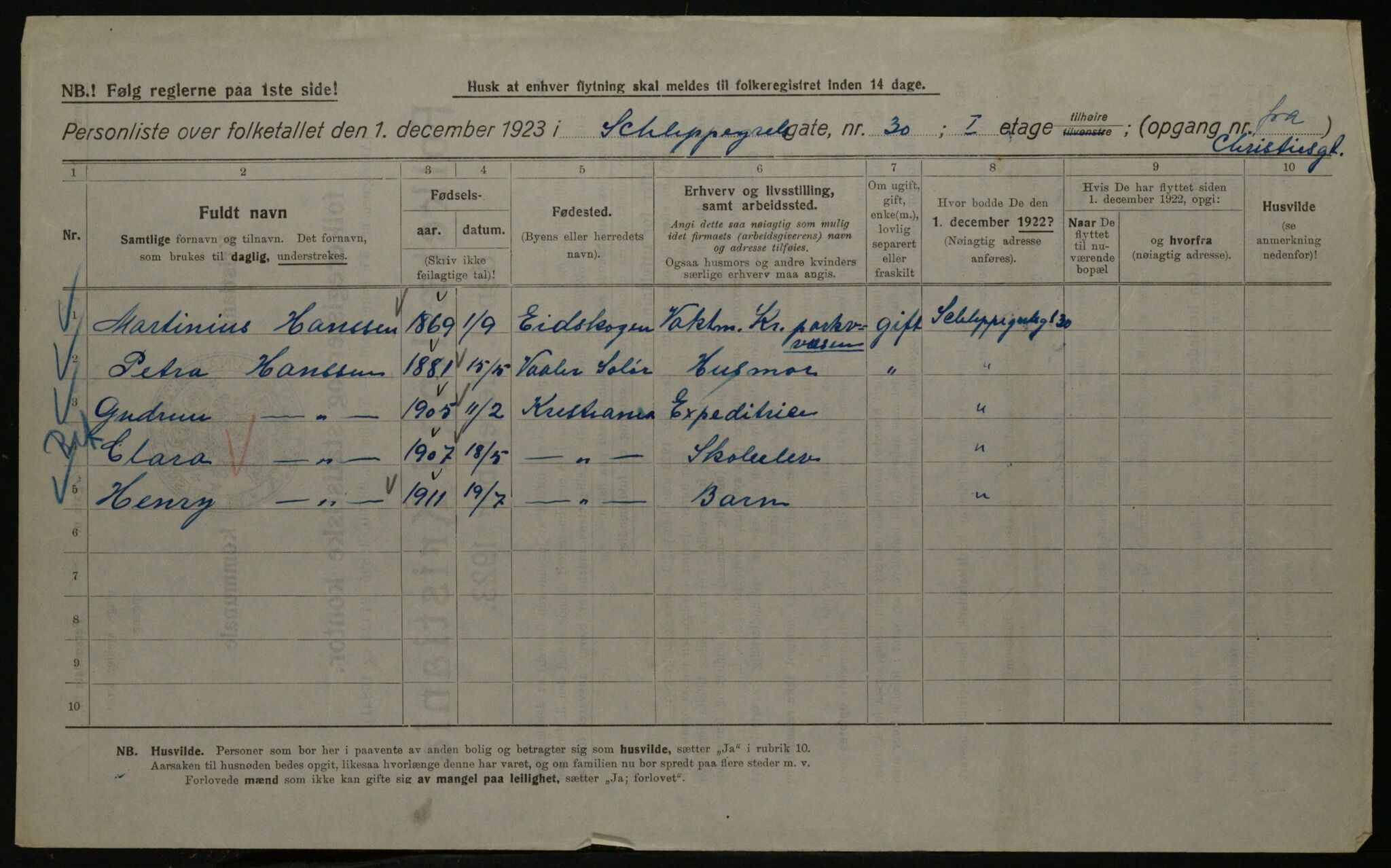 OBA, Kommunal folketelling 1.12.1923 for Kristiania, 1923, s. 100086