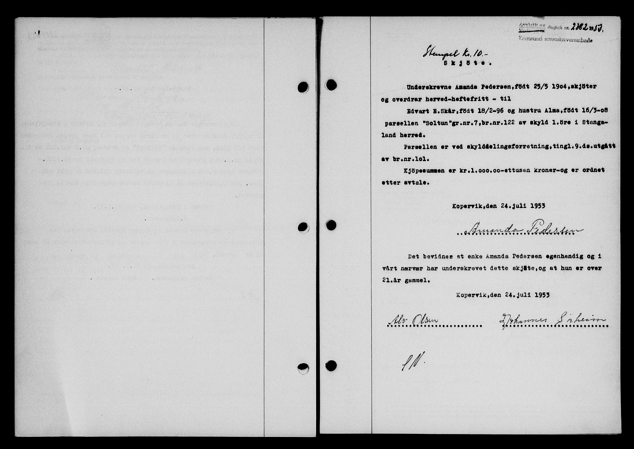 Karmsund sorenskriveri, SAST/A-100311/01/II/IIB/L0109: Pantebok nr. 89A, 1953-1953, Dagboknr: 2382/1953