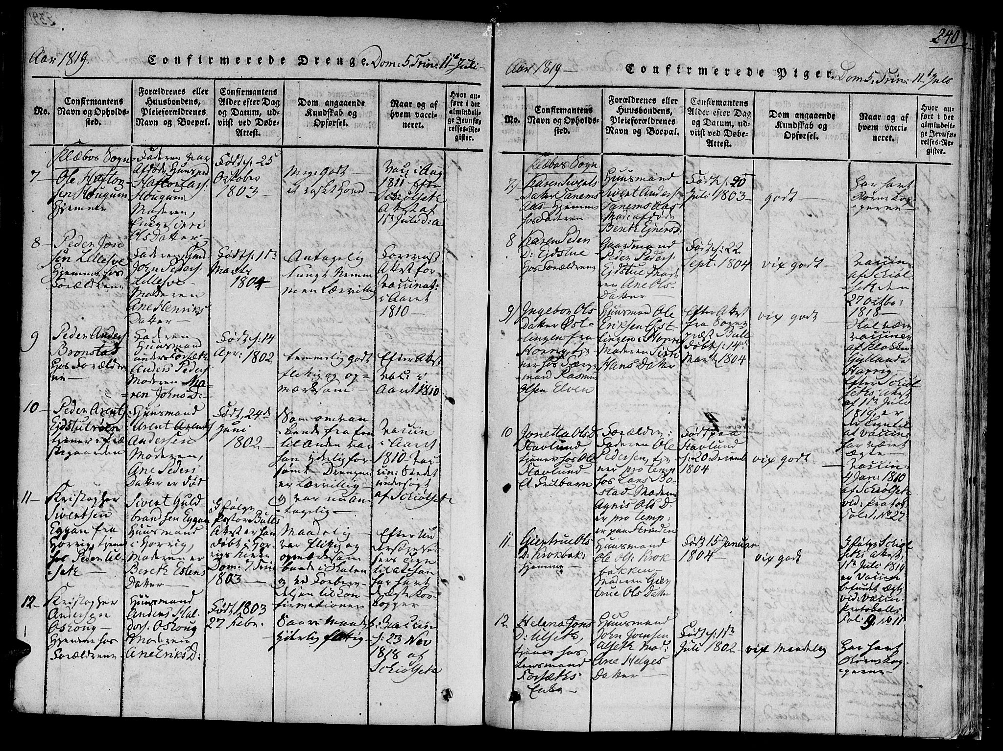 Ministerialprotokoller, klokkerbøker og fødselsregistre - Sør-Trøndelag, SAT/A-1456/618/L0439: Ministerialbok nr. 618A04 /1, 1816-1843, s. 240