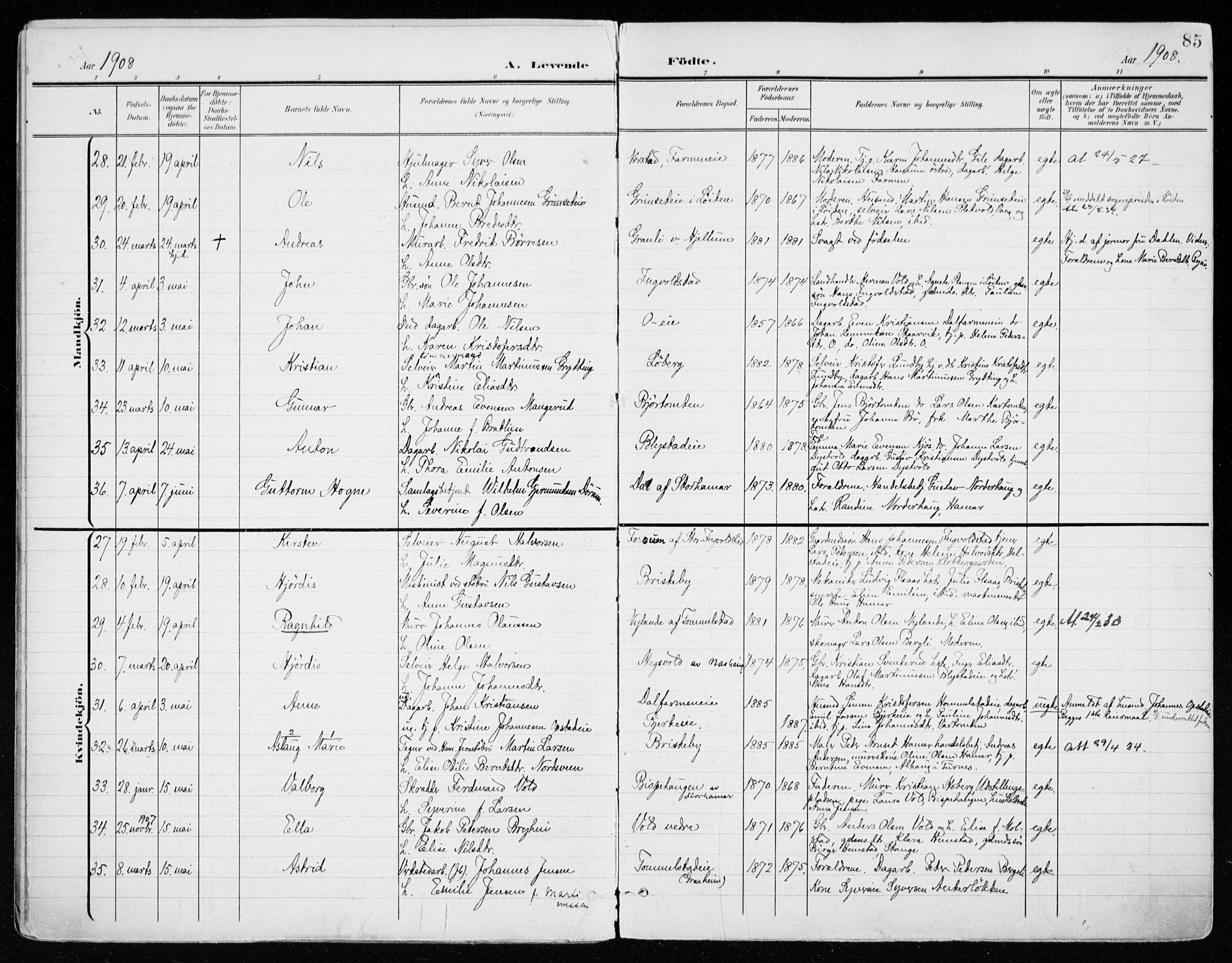 Vang prestekontor, Hedmark, AV/SAH-PREST-008/H/Ha/Haa/L0021: Ministerialbok nr. 21, 1902-1917, s. 85