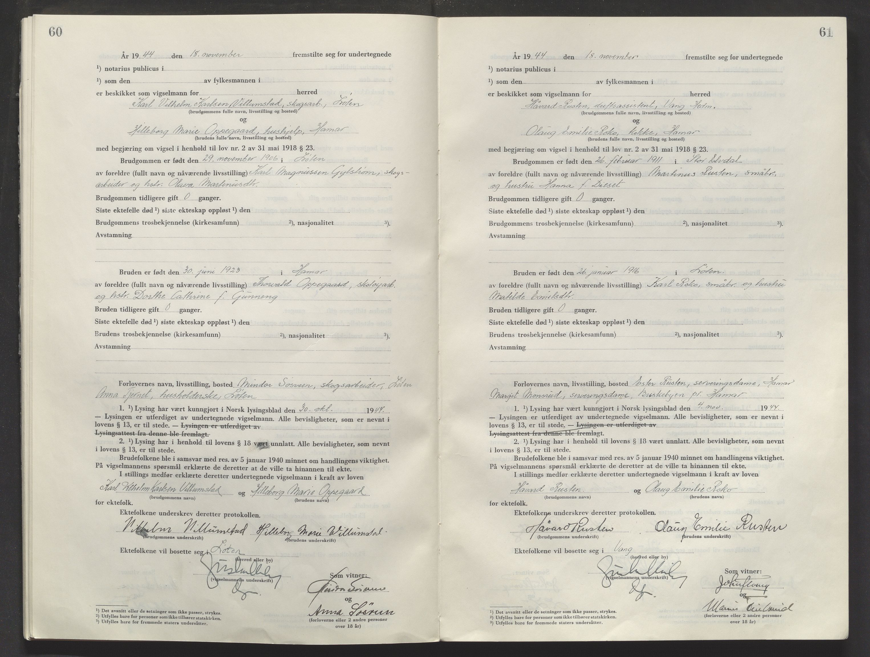 Sør-Hedmark sorenskriveri, AV/SAH-TING-014/L/Le/L0002/0001: Vigselsbøker / Vigselbok, 1944-1945, s. 60-61