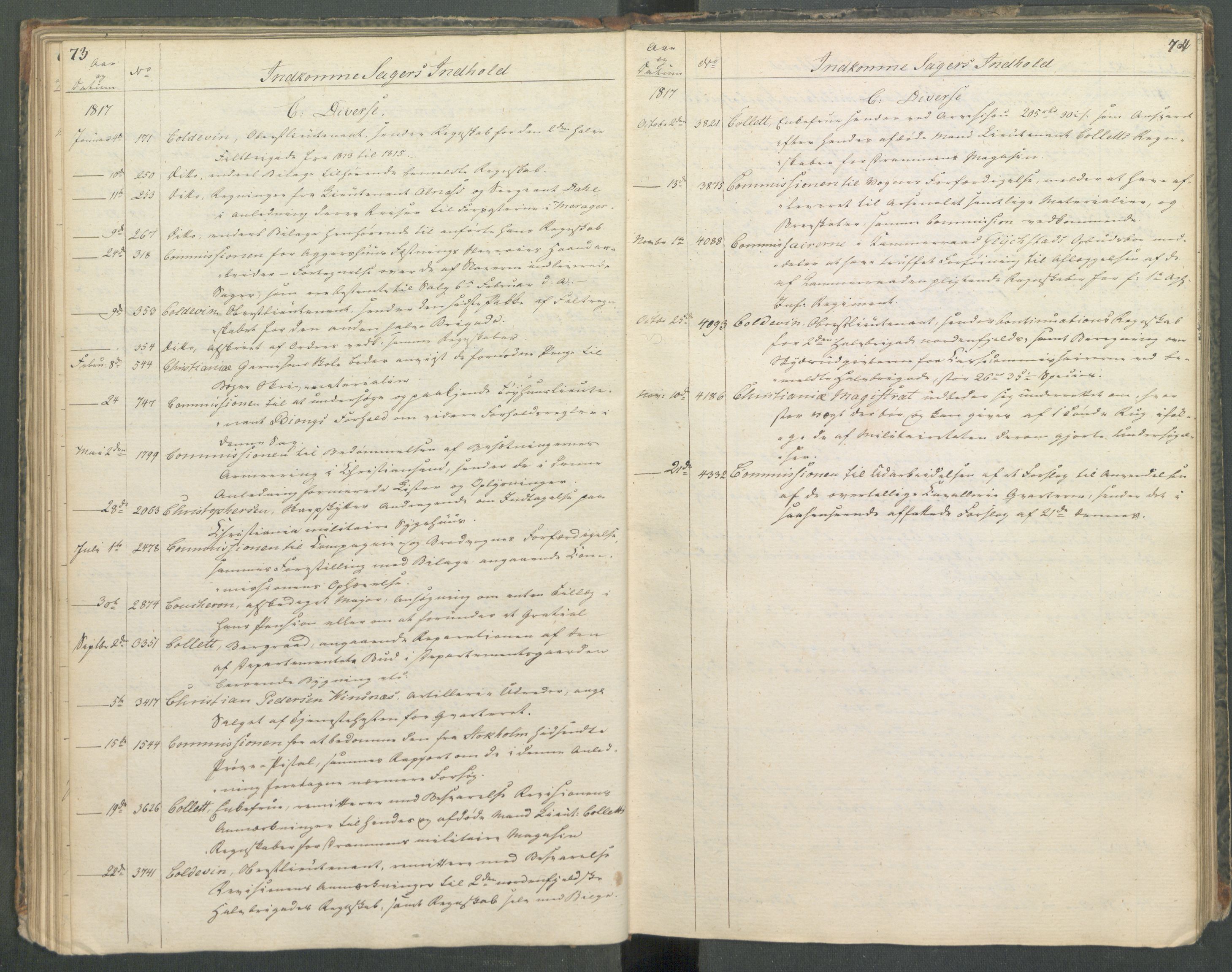 Armédepartementet, RA/RAFA-3493/C/Ca/L0013: 6. Departements register over innkomne saker, 1817, s. 73-74