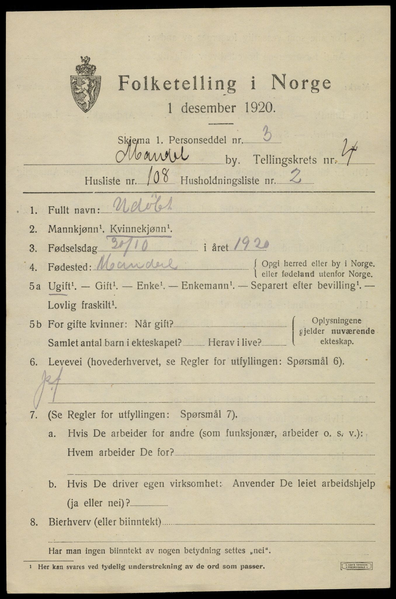 SAK, Folketelling 1920 for 1002 Mandal ladested, 1920, s. 8189