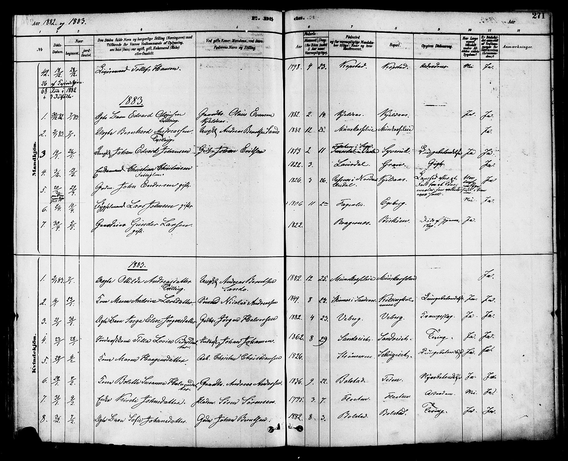 Sande Kirkebøker, AV/SAKO-A-53/F/Fa/L0006: Ministerialbok nr. 6, 1878-1888, s. 271