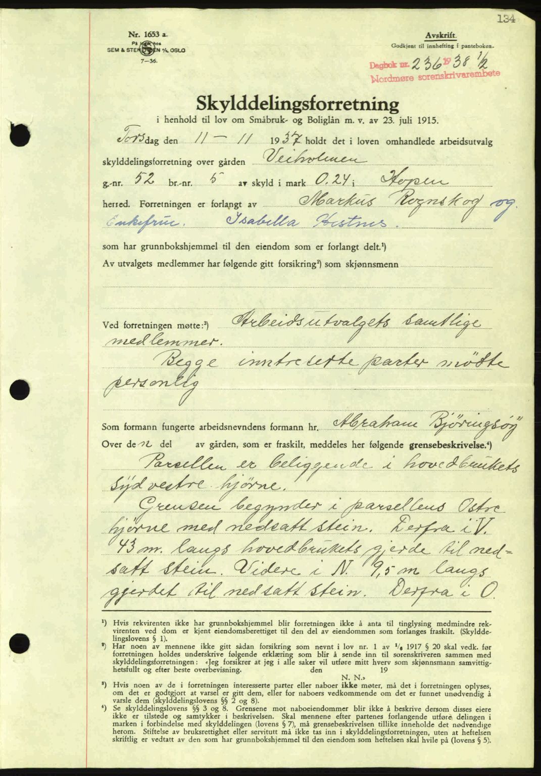 Nordmøre sorenskriveri, SAT/A-4132/1/2/2Ca: Pantebok nr. A83, 1938-1938, Dagboknr: 236/1938
