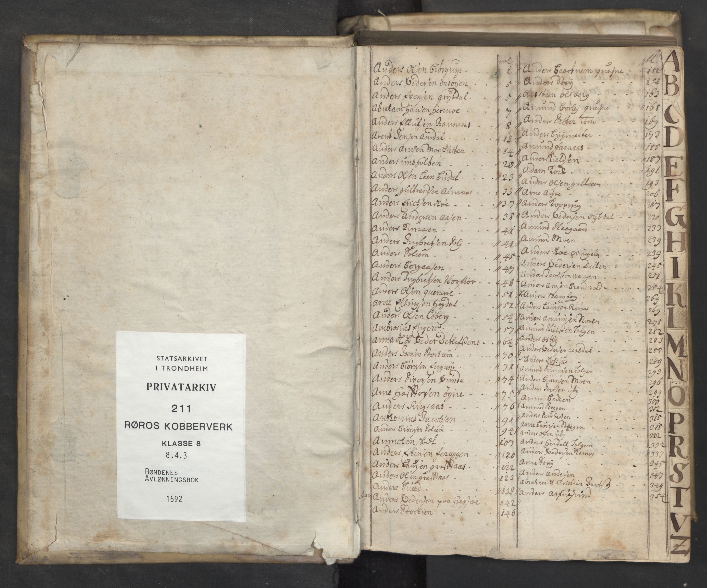 Røros kobberverk, SAT/PA-0211/1/08/L0413: 8.4.3 Bøndenes avlønningsbok, 1692