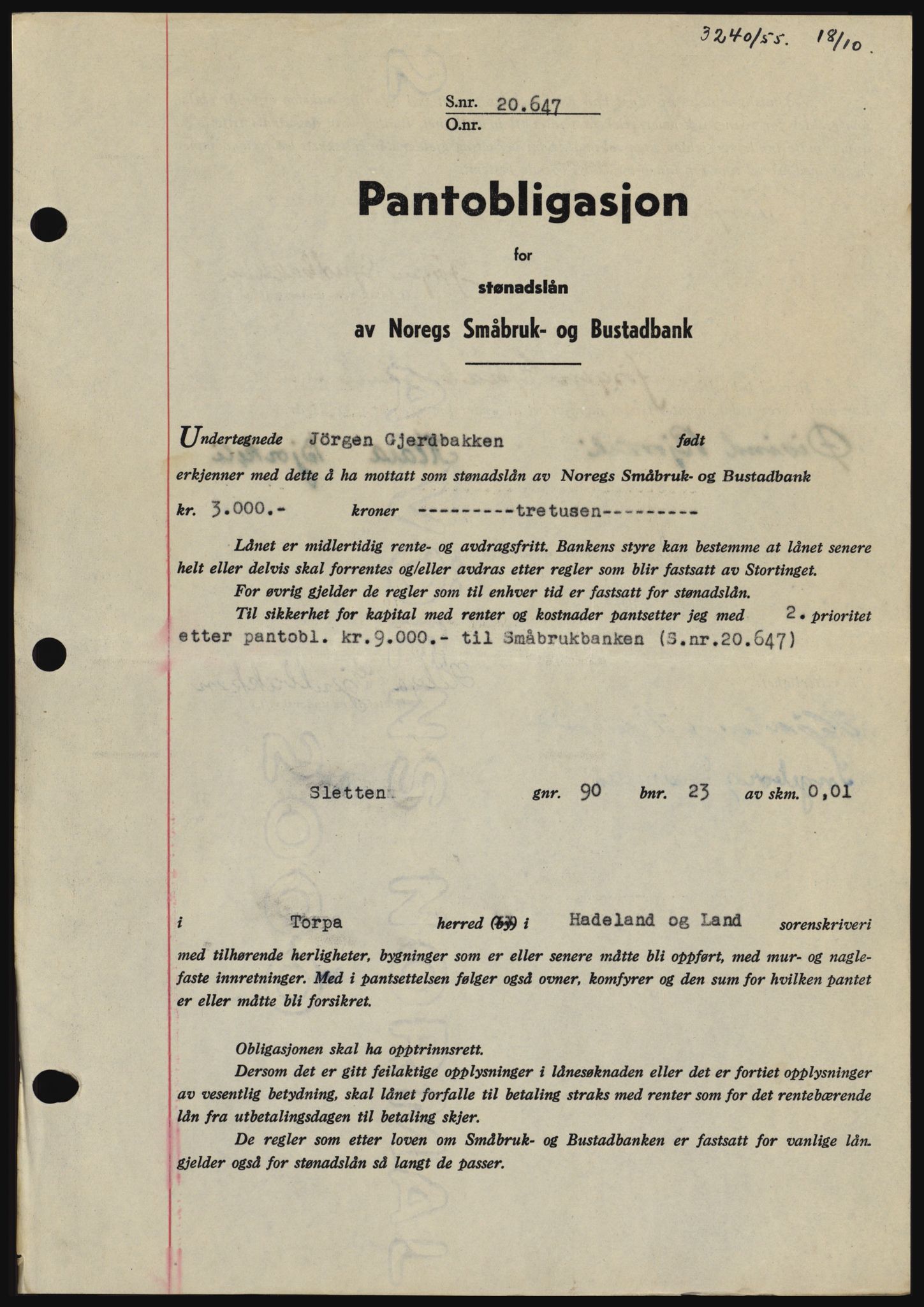 Hadeland og Land tingrett, SAH/TING-010/H/Hb/Hbc/L0033: Pantebok nr. B33, 1955-1956, Dagboknr: 3240/1955