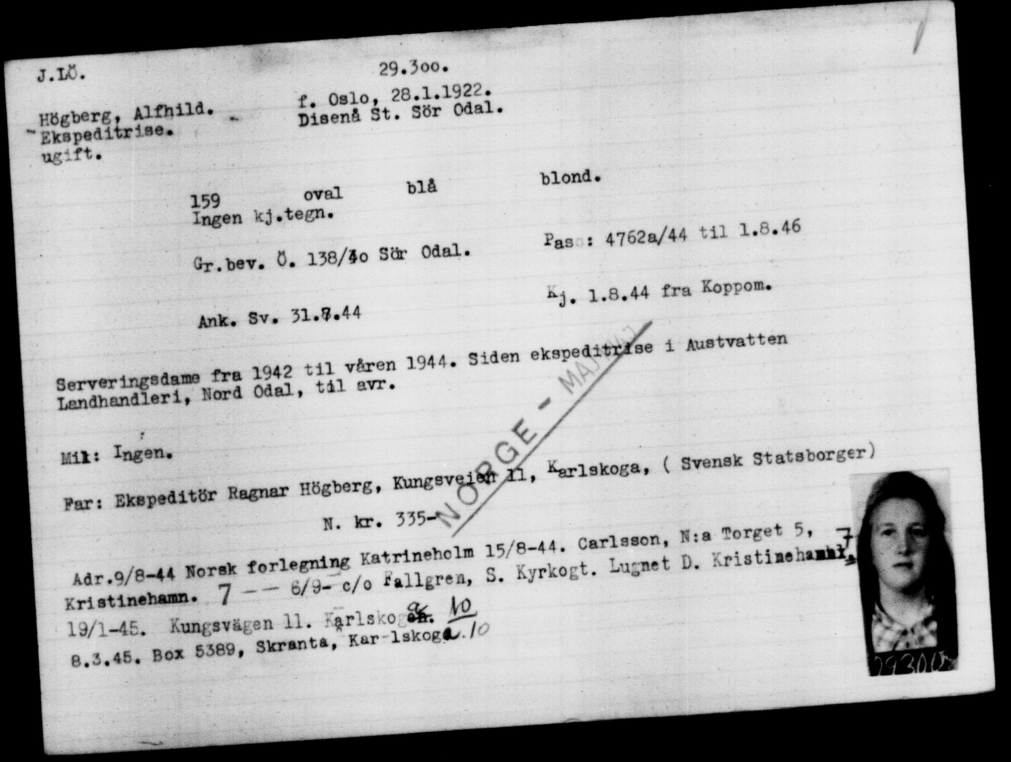 Utenriksstasjonene, Legasjonen i Stockholm, Flyktningkontoret, AV/RA-S-6753/V/Va/L0012: Kjesäterkartoteket, flyktninger med registreringsnr. 28300-31566, 1940-1945, s. 1094