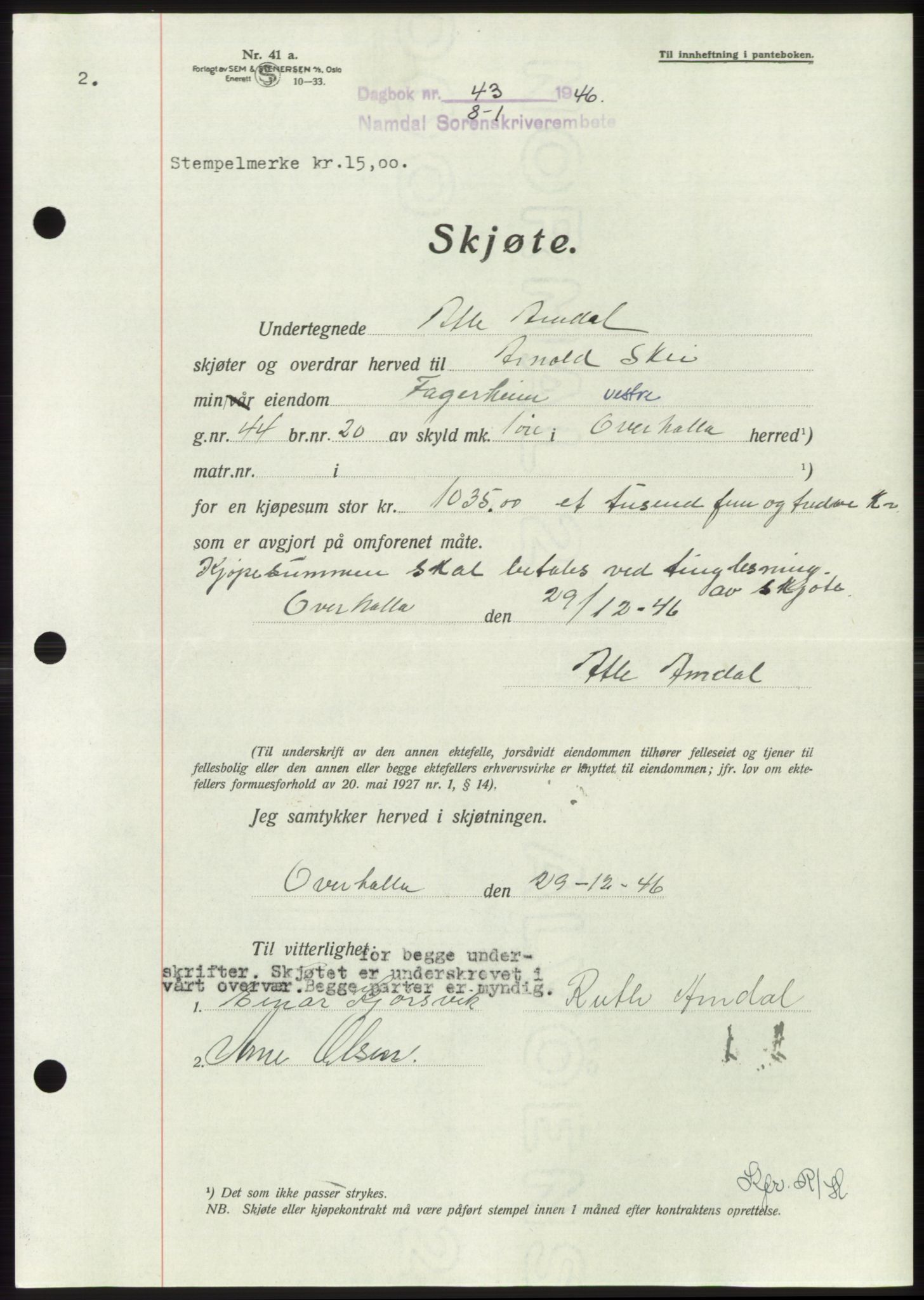 Namdal sorenskriveri, SAT/A-4133/1/2/2C: Pantebok nr. -, 1946-1947, Dagboknr: 43/1947