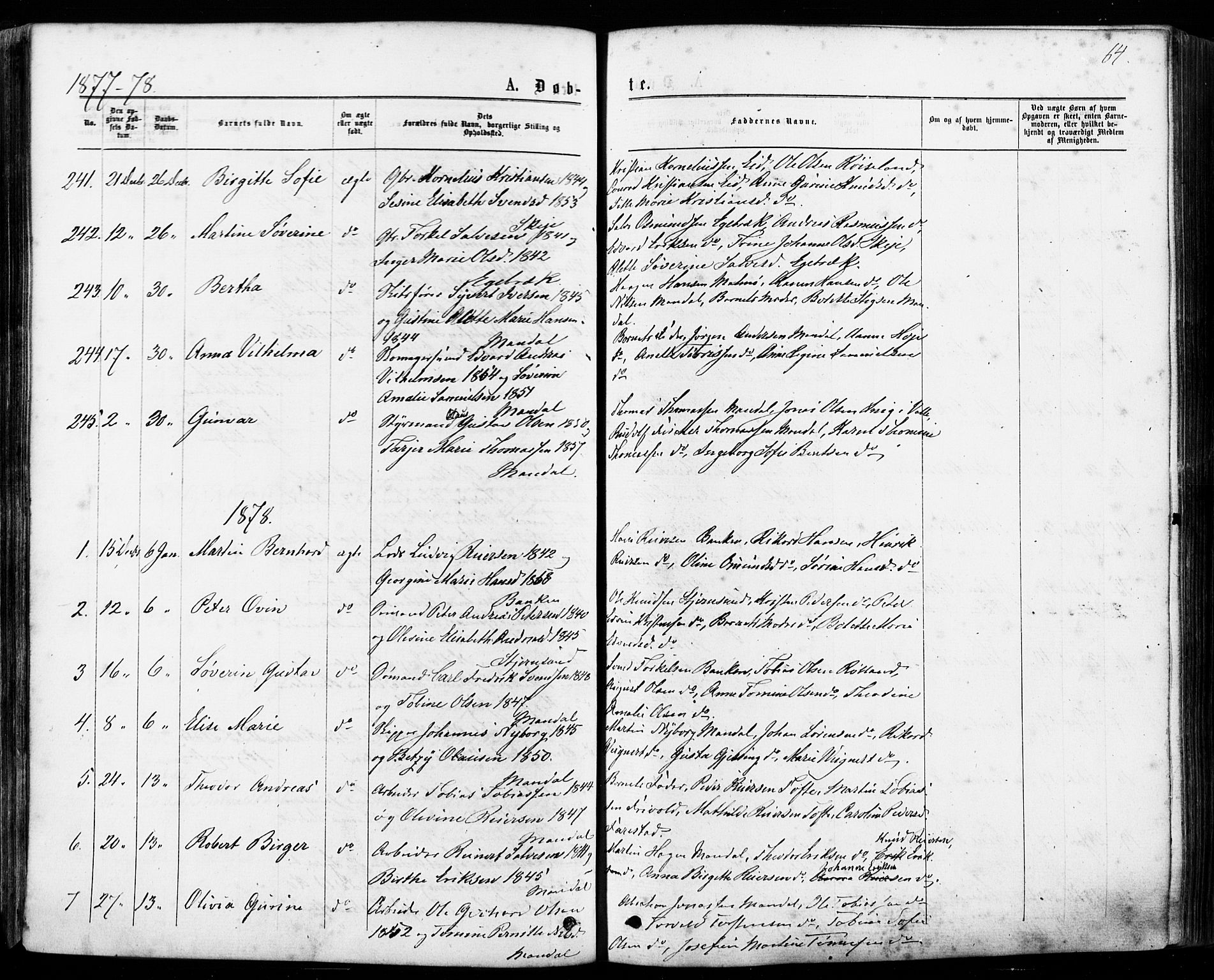 Mandal sokneprestkontor, AV/SAK-1111-0030/F/Fa/Faa/L0015: Ministerialbok nr. A 15, 1873-1879, s. 84