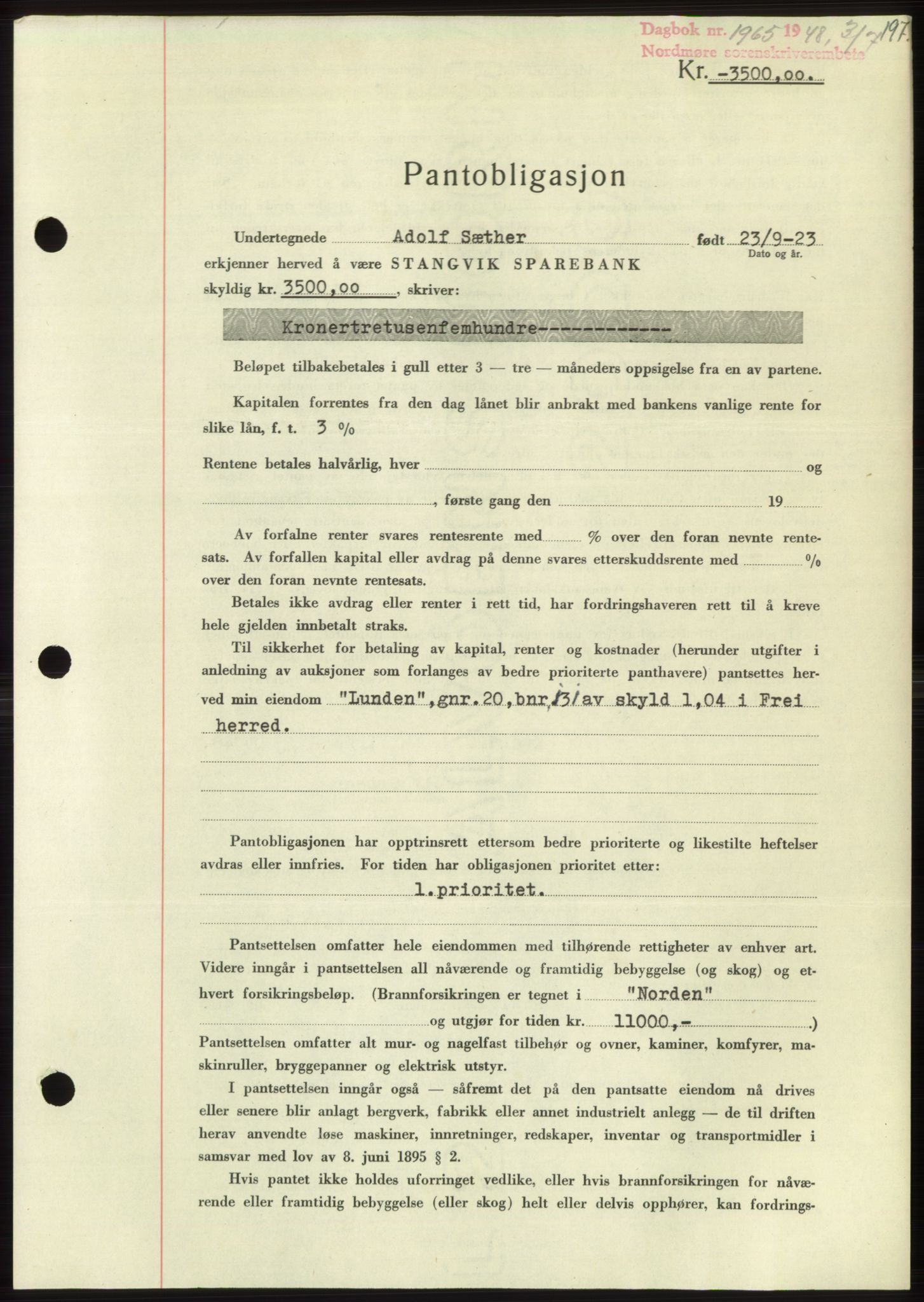 Nordmøre sorenskriveri, SAT/A-4132/1/2/2Ca: Pantebok nr. B99, 1948-1948, Dagboknr: 1965/1948