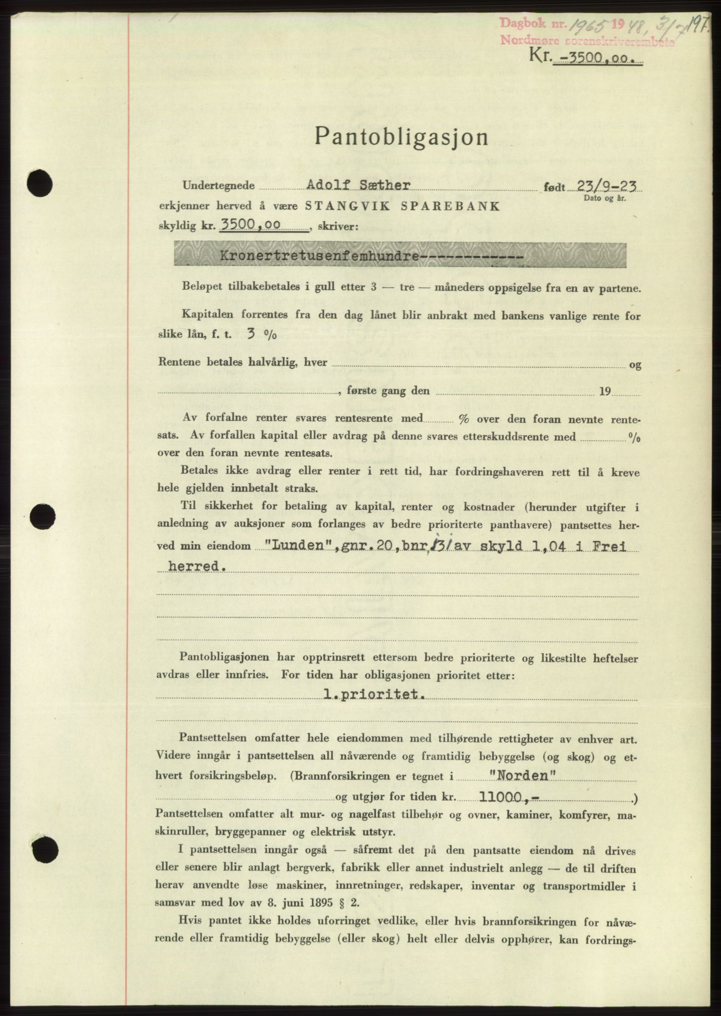 Nordmøre sorenskriveri, AV/SAT-A-4132/1/2/2Ca: Pantebok nr. B99, 1948-1948, Dagboknr: 1965/1948