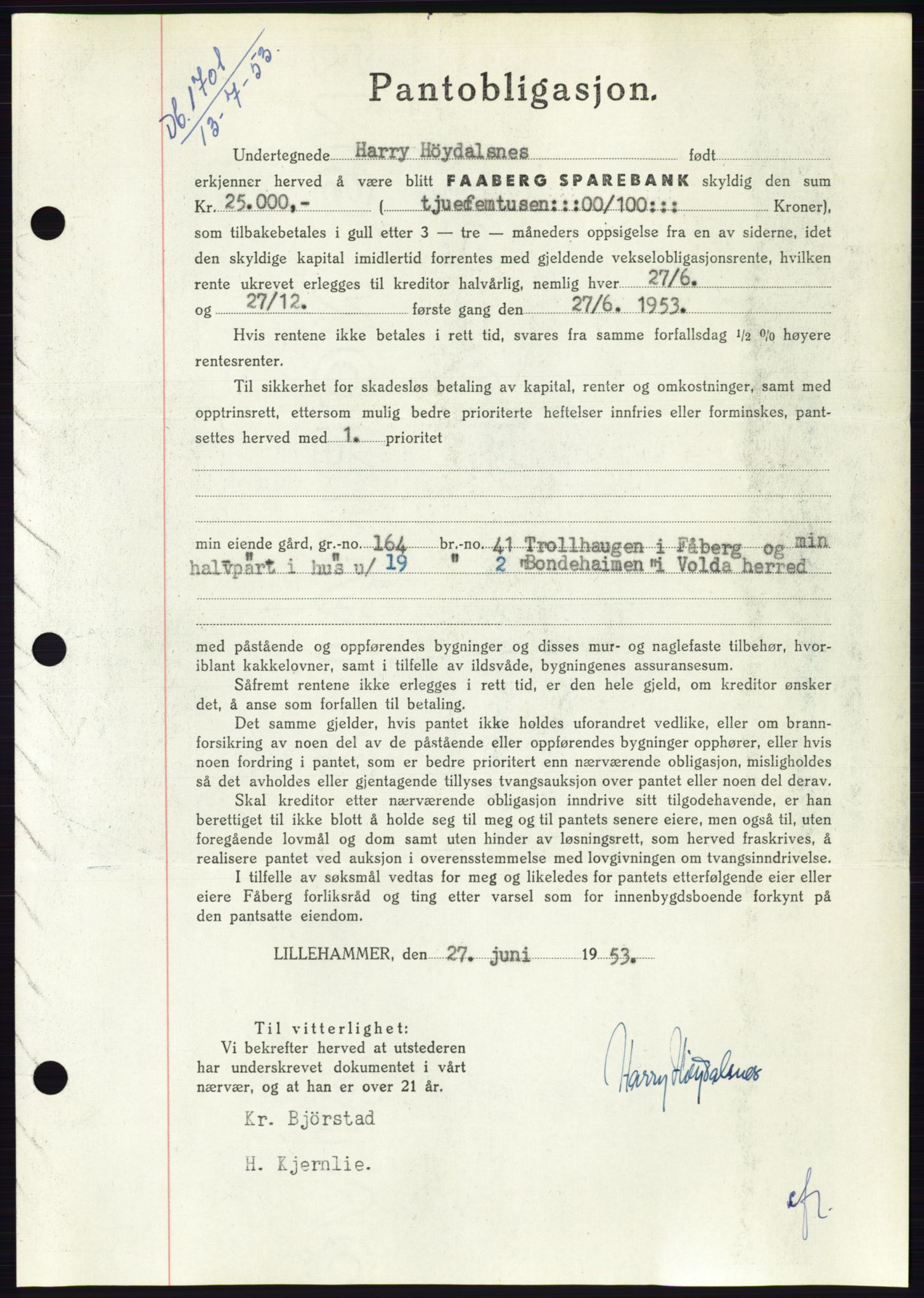 Søre Sunnmøre sorenskriveri, SAT/A-4122/1/2/2C/L0123: Pantebok nr. 11B, 1953-1953, Dagboknr: 1701/1953