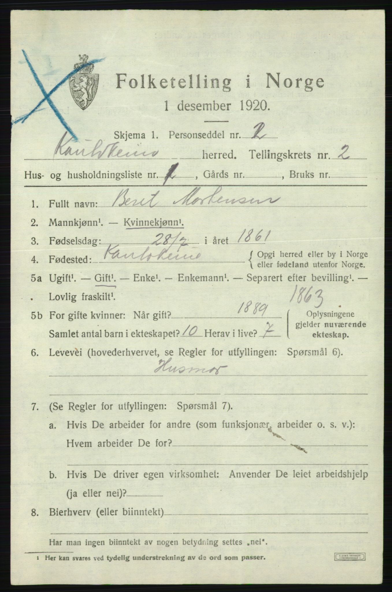 SATØ, Folketelling 1920 for 2011 Kautokeino herred, 1920, s. 835