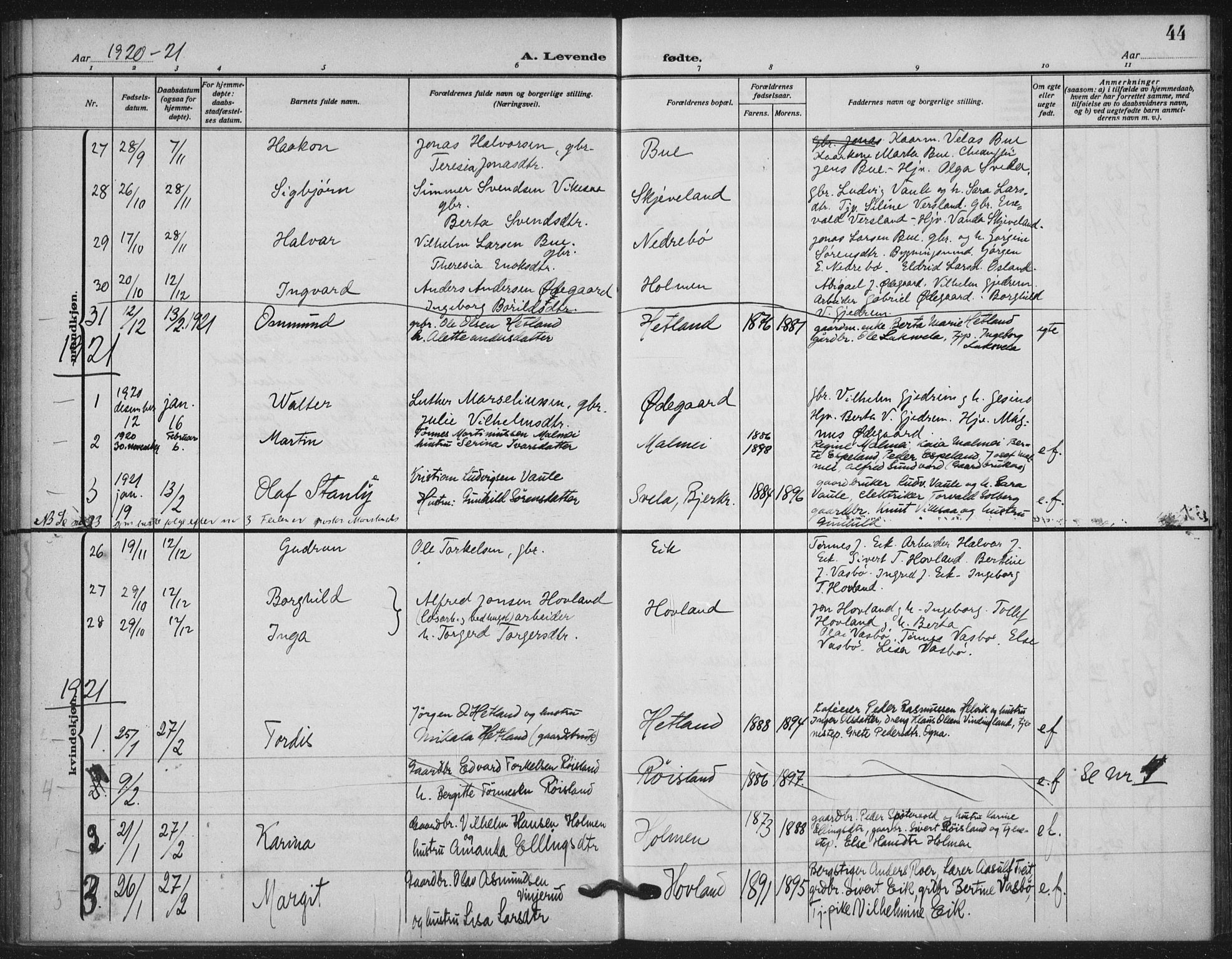 Helleland sokneprestkontor, AV/SAST-A-101810: Ministerialbok nr. A 11, 1909-1922, s. 44