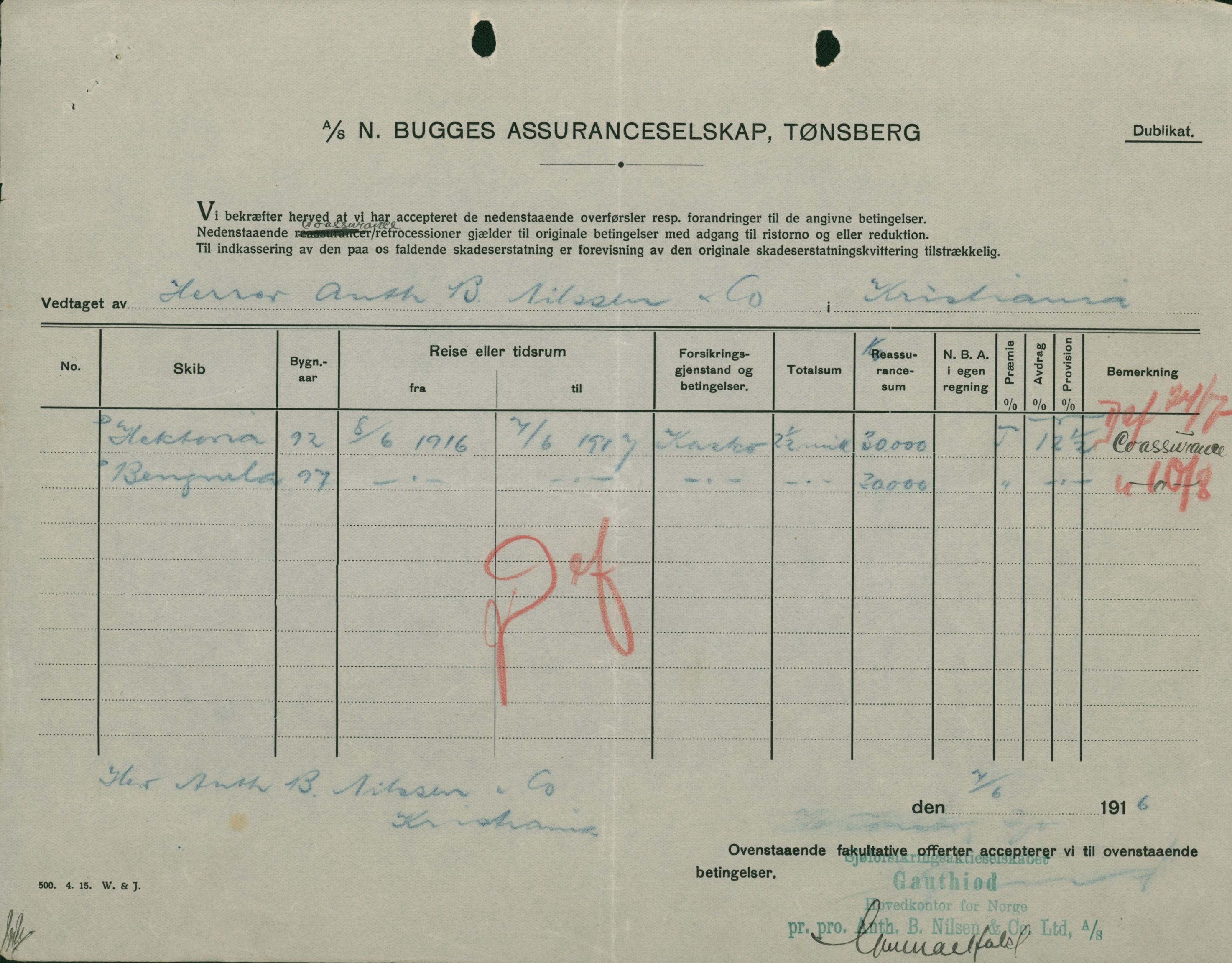 Pa 664 - Tønsberg Sjøforsikringsselskap, VEMU/A-1773/F/L0001: Forsikringspoliser, 1915-1918