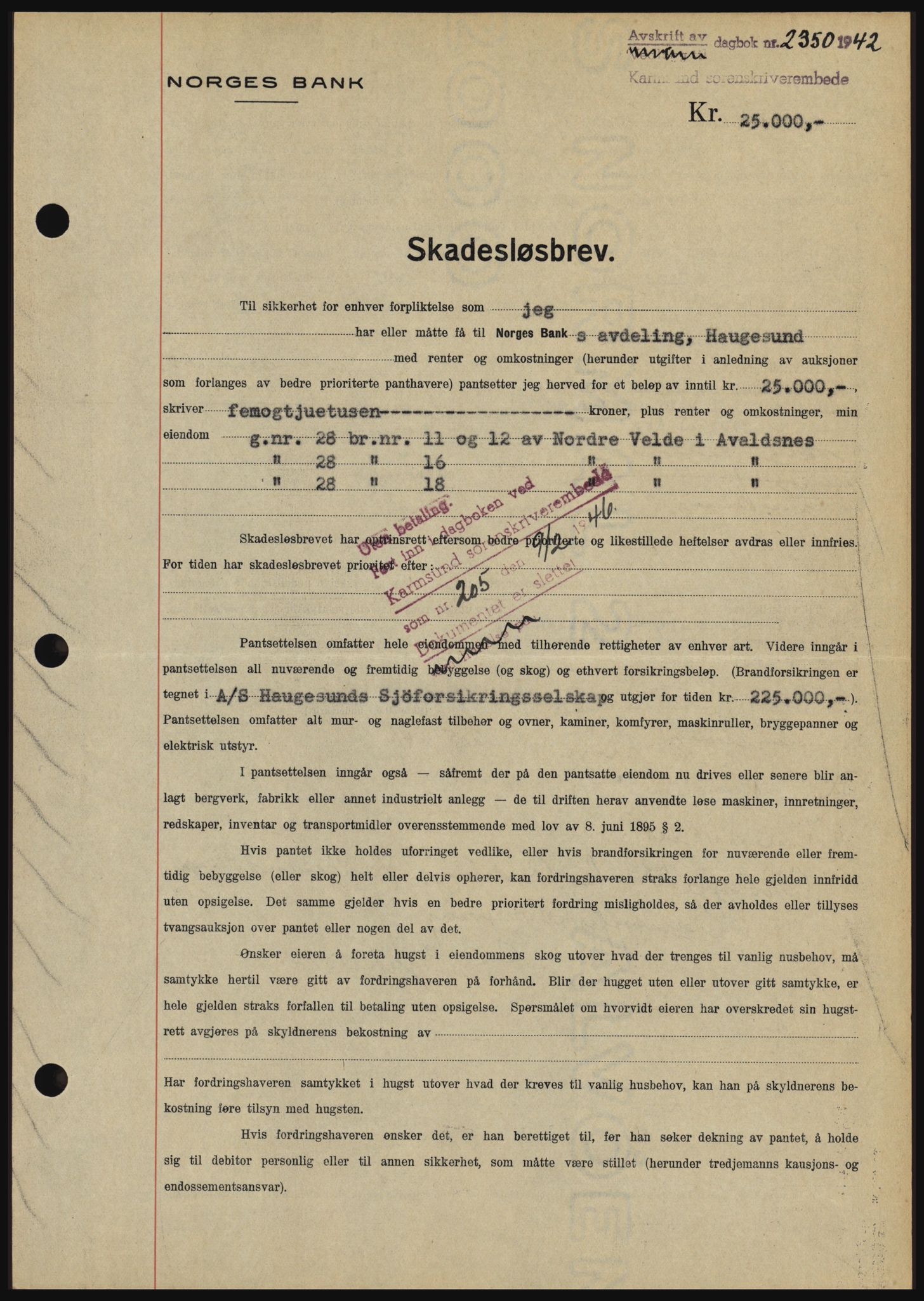 Karmsund sorenskriveri, SAST/A-100311/01/II/IIBBE/L0008: Pantebok nr. B 54, 1942-1943, Dagboknr: 2350/1942