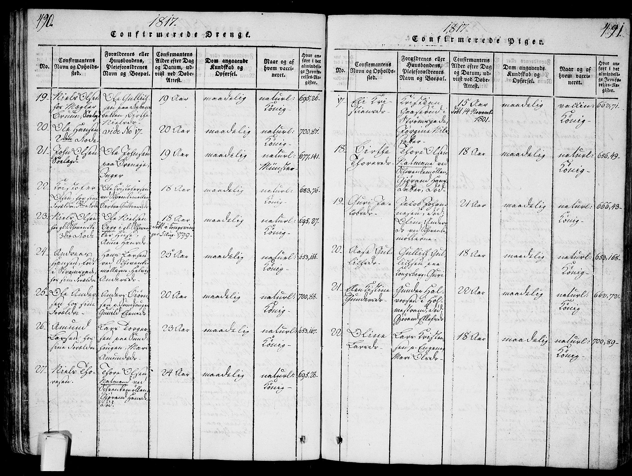 Bragernes kirkebøker, AV/SAKO-A-6/G/Ga/L0001: Klokkerbok nr. 1, 1815-1829, s. 490-491