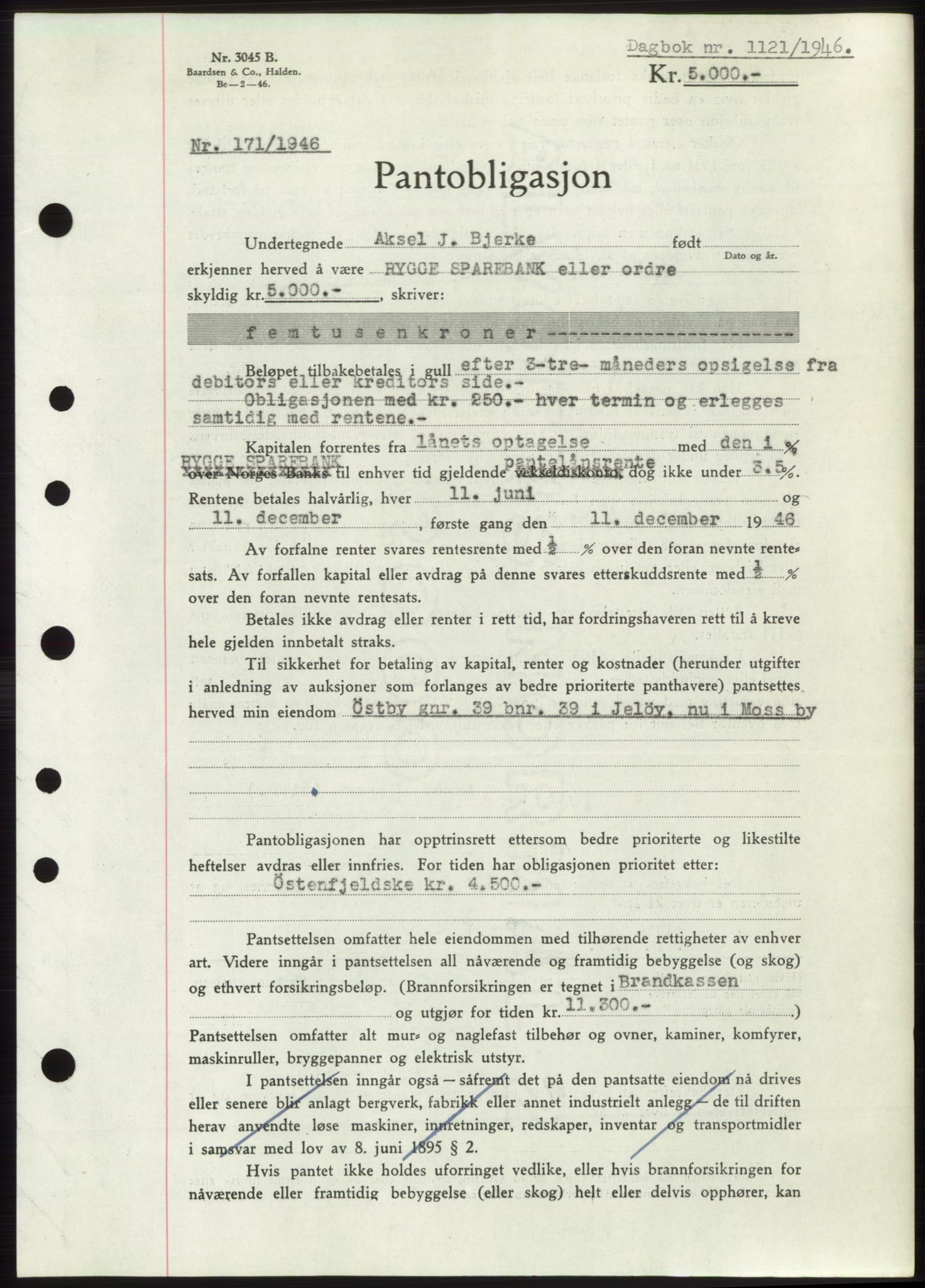 Moss sorenskriveri, SAO/A-10168: Pantebok nr. B15, 1946-1946, Dagboknr: 1121/1946