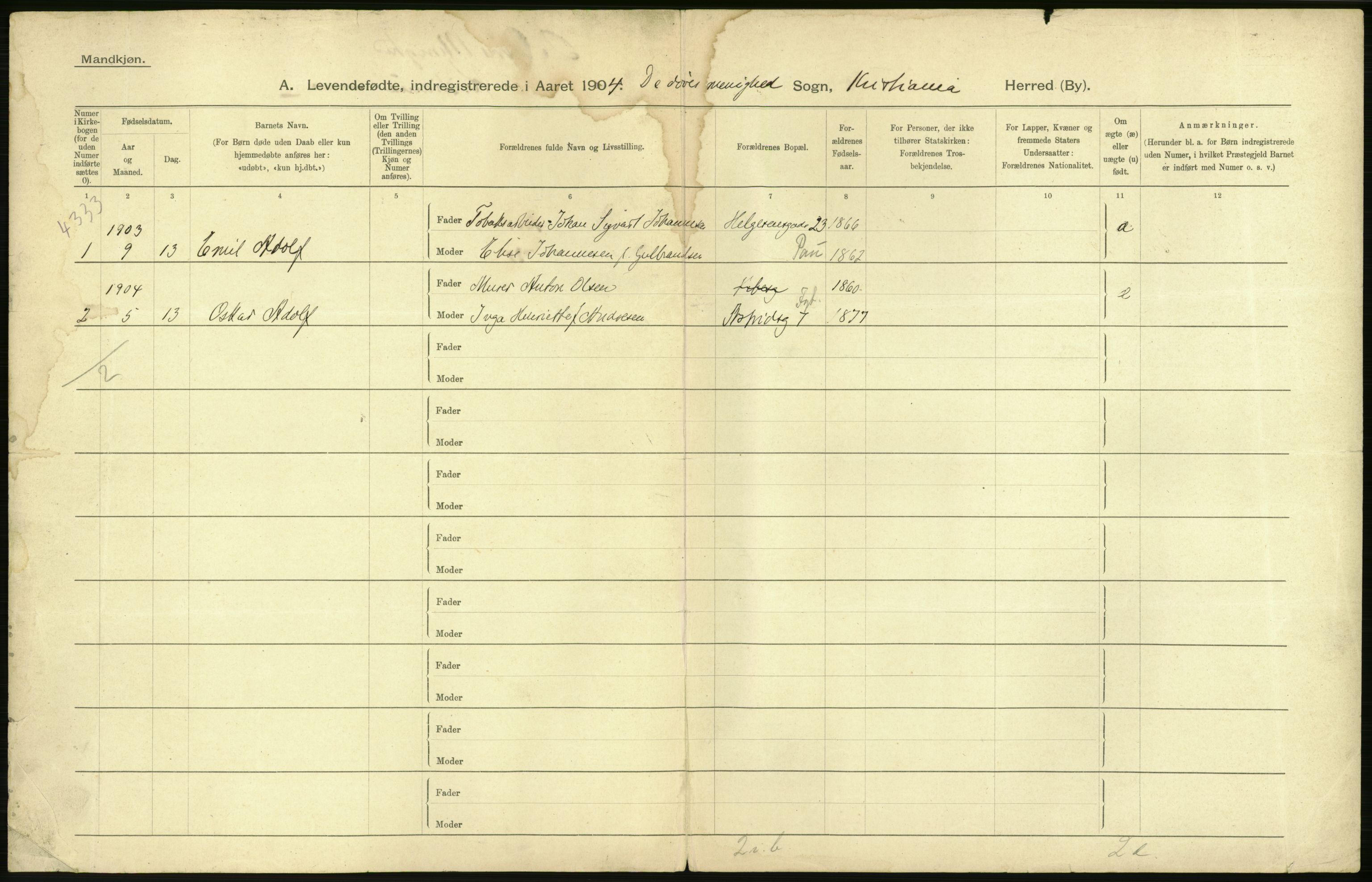 Statistisk sentralbyrå, Sosiodemografiske emner, Befolkning, AV/RA-S-2228/D/Df/Dfa/Dfab/L0003: Kristiania: Fødte, 1904, s. 44