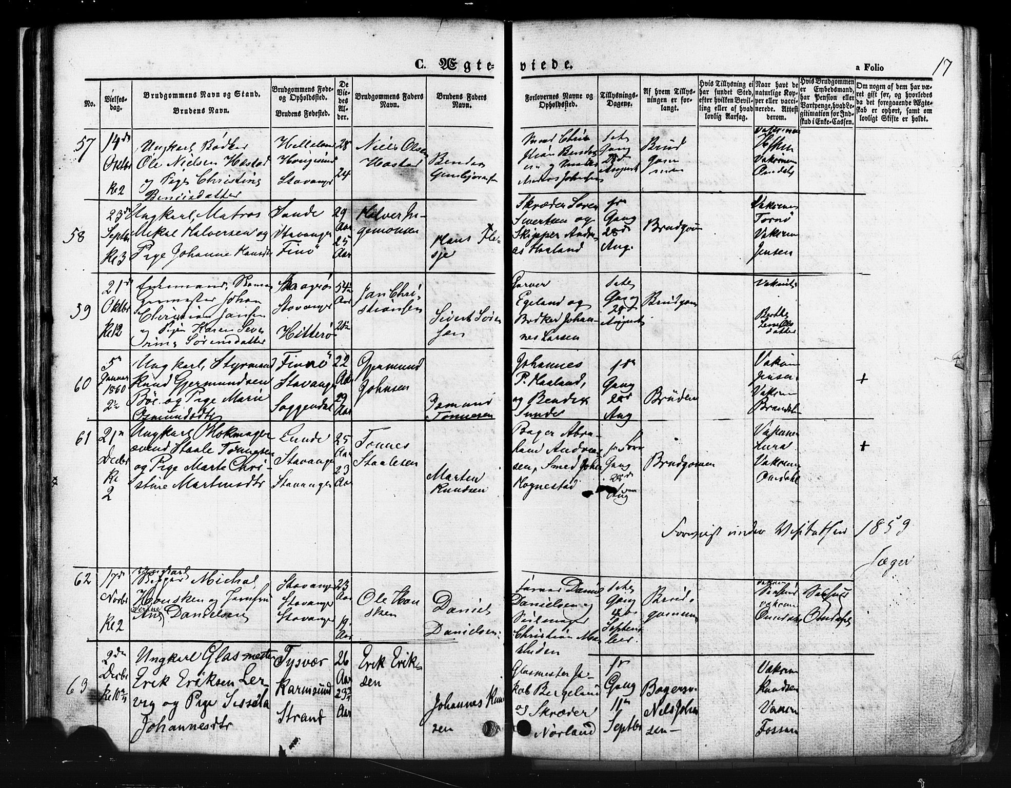 Domkirken sokneprestkontor, AV/SAST-A-101812/001/30/30BB/L0011: Klokkerbok nr. B 11, 1858-1876, s. 17