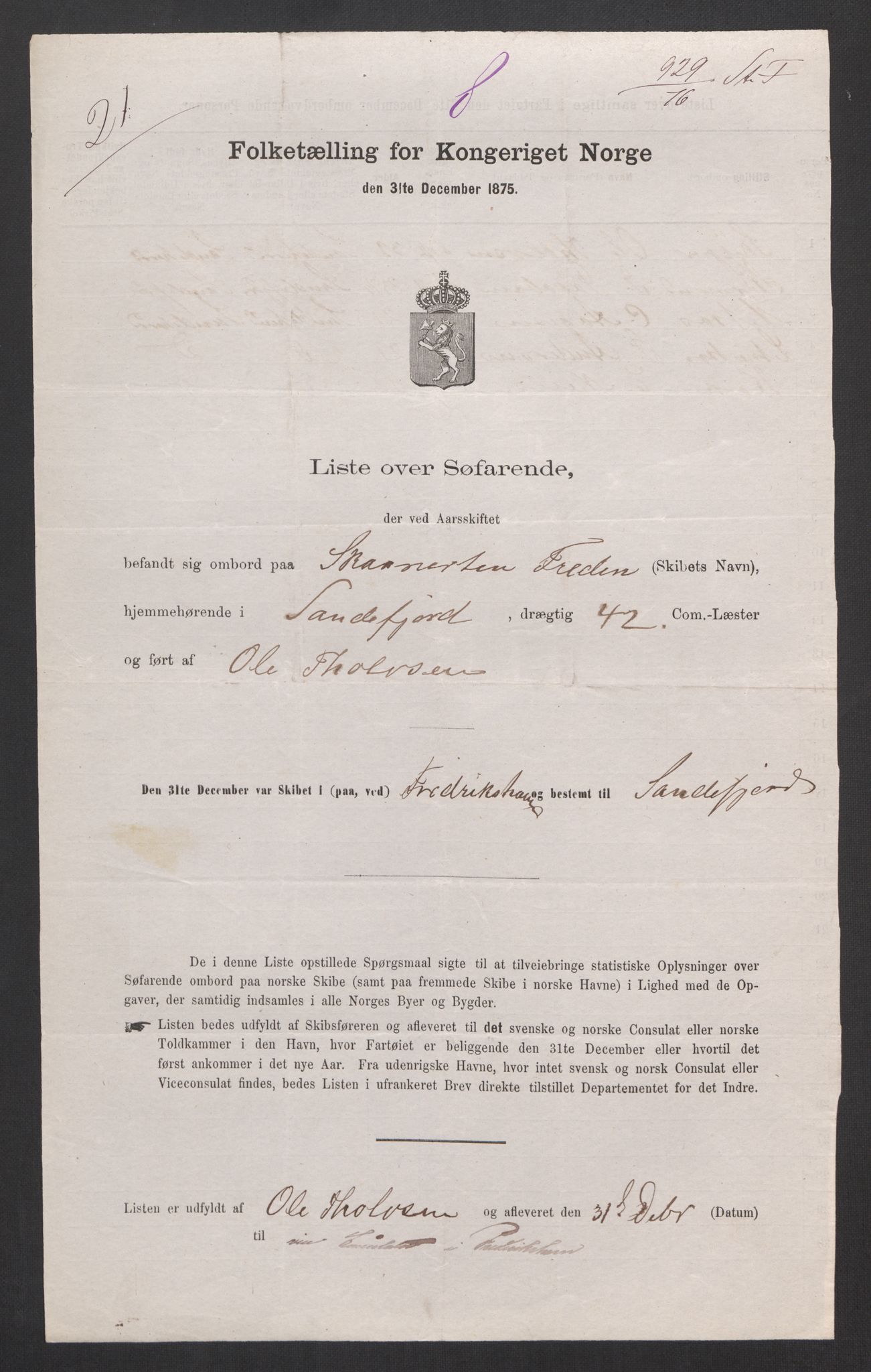 RA, Folketelling 1875, skipslister: Skip i utenrikske havner, hjemmehørende i byer og ladesteder, Fredrikshald - Arendal, 1875, s. 491