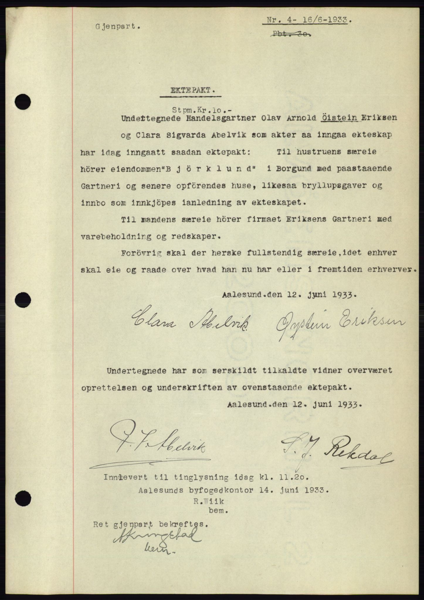 Ålesund byfogd, AV/SAT-A-4384: Pantebok nr. 30, 1932-1933, Tingl.dato: 16.06.1933