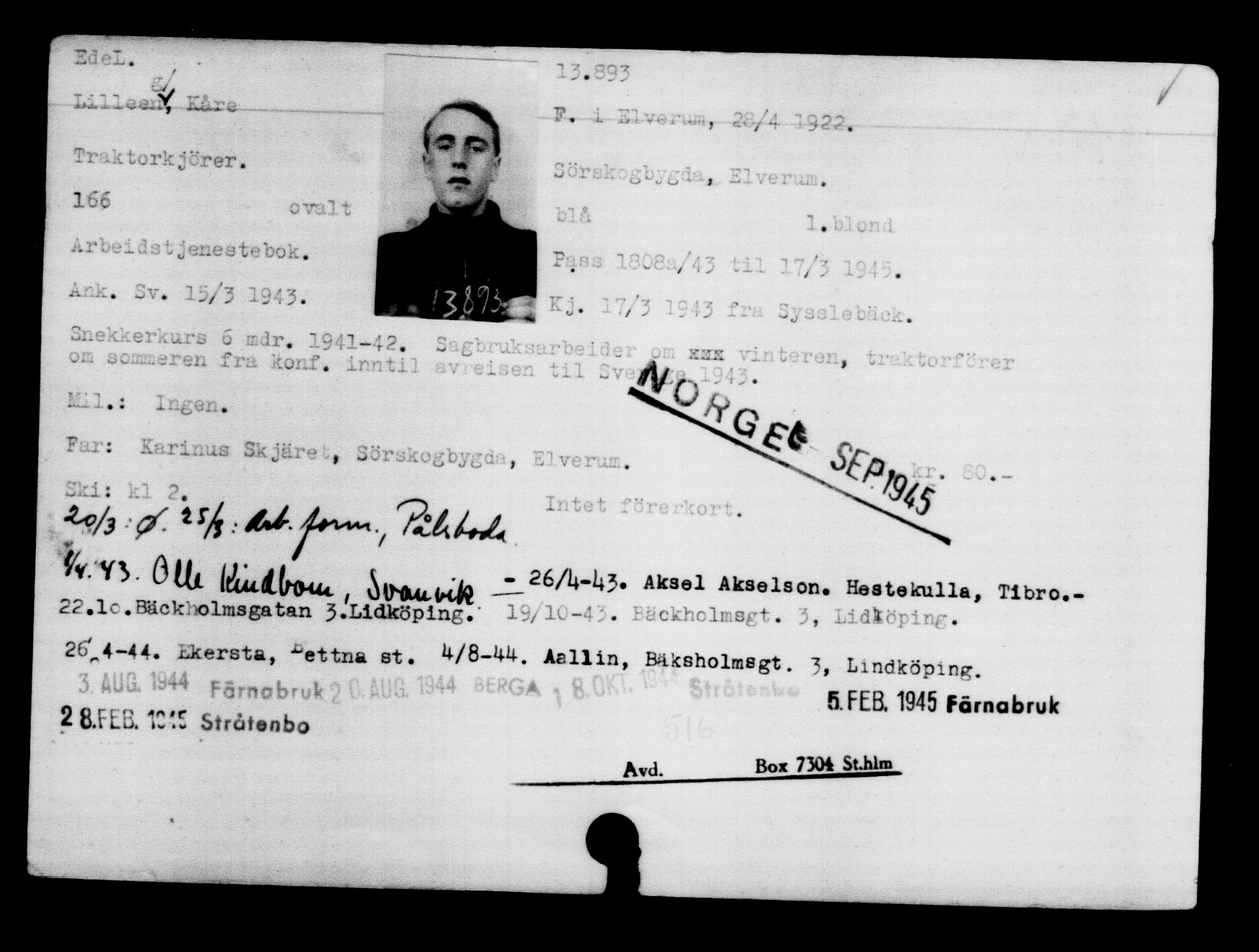 Den Kgl. Norske Legasjons Flyktningskontor, AV/RA-S-6753/V/Va/L0007: Kjesäterkartoteket.  Flyktningenr. 12700-15723, 1940-1945, s. 1365
