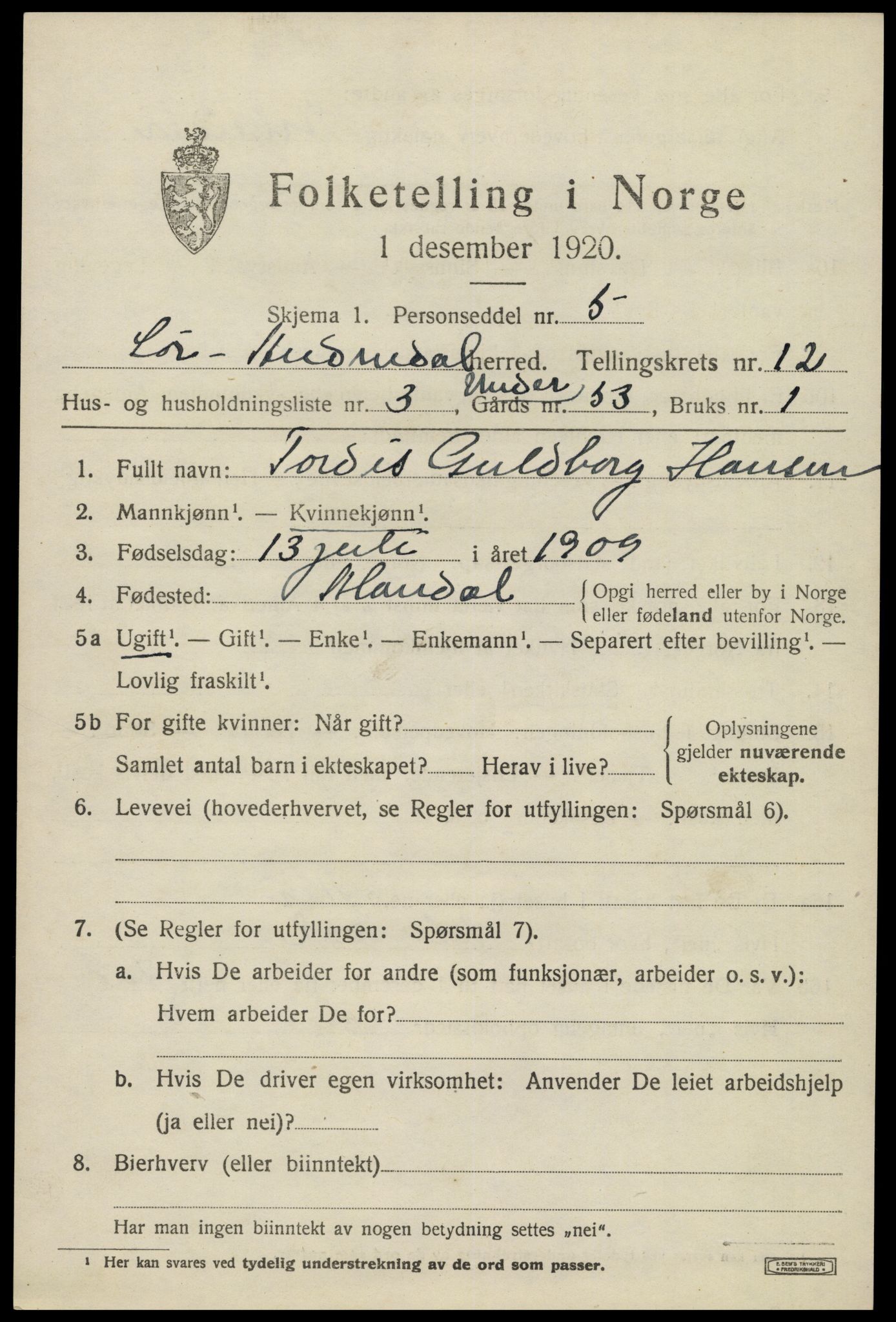 SAK, Folketelling 1920 for 1029 Sør-Audnedal herred, 1920, s. 4541