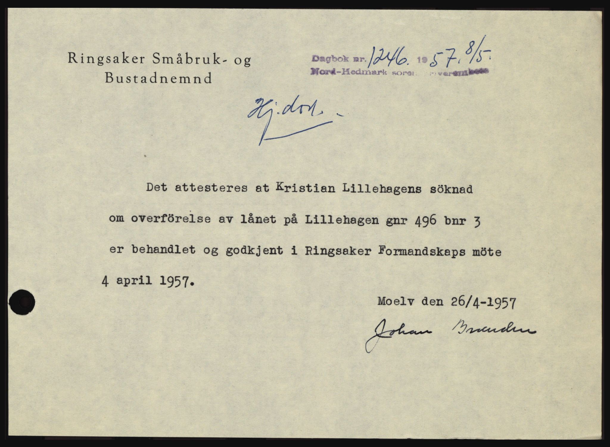 Nord-Hedmark sorenskriveri, SAH/TING-012/H/Hc/L0011: Pantebok nr. 11, 1956-1957, Dagboknr: 1246/1957