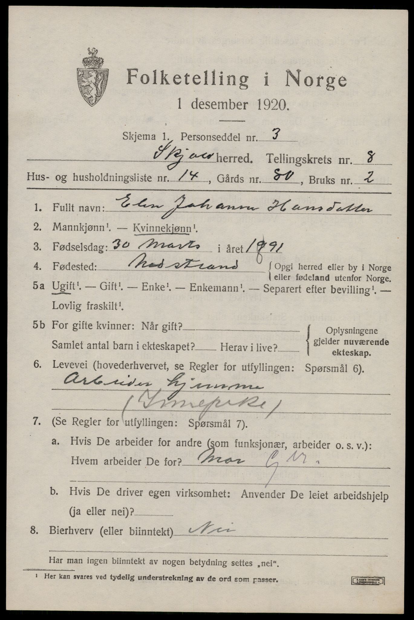SAST, Folketelling 1920 for 1154 Skjold herred, 1920, s. 4320