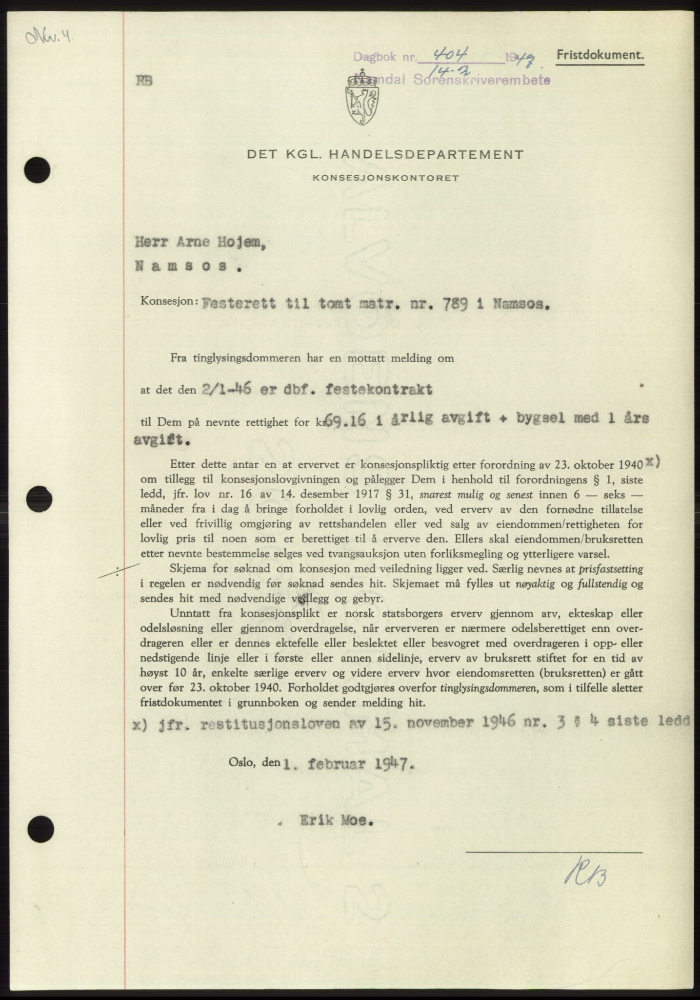 Namdal sorenskriveri, SAT/A-4133/1/2/2C: Pantebok nr. -, 1946-1947, Dagboknr: 404/1947