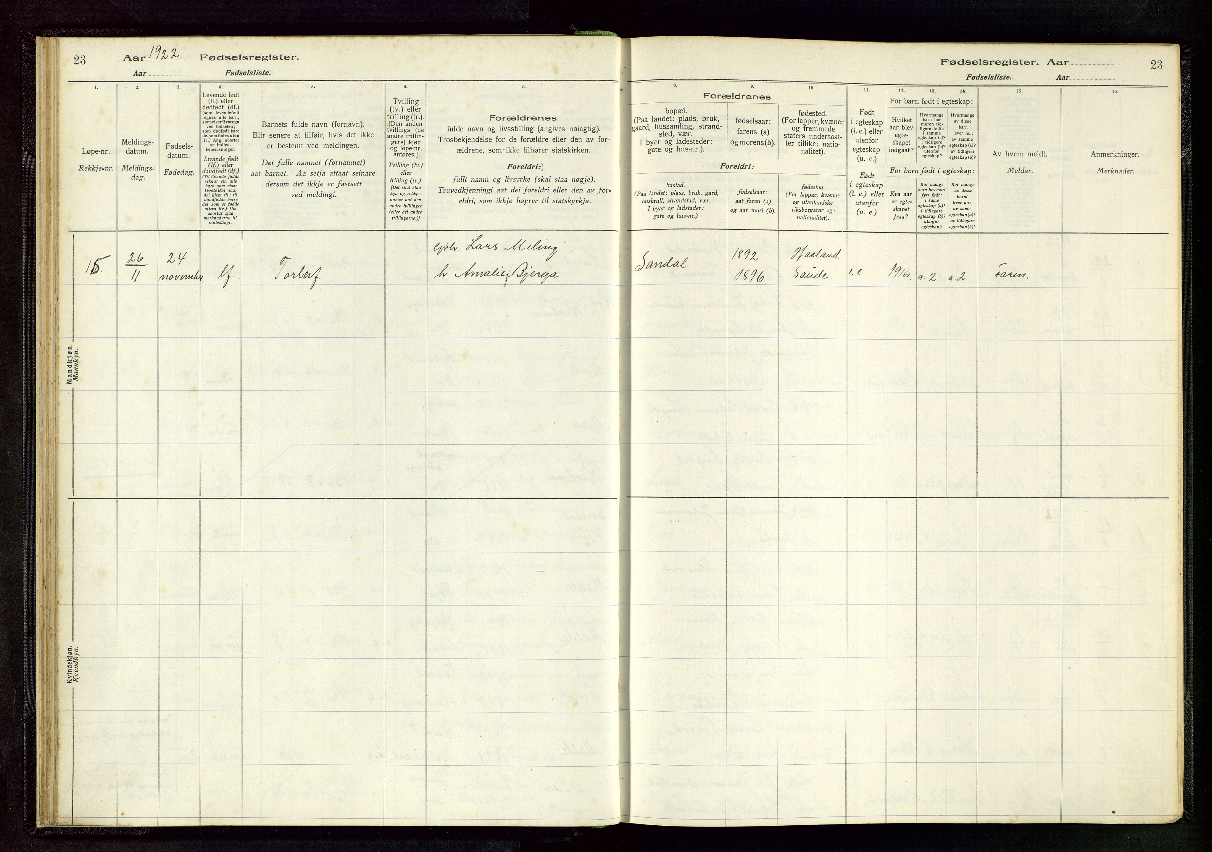 Håland sokneprestkontor, AV/SAST-A-101802/002/A/L0005: Fødselsregister nr. 5, 1916-1957, s. 23