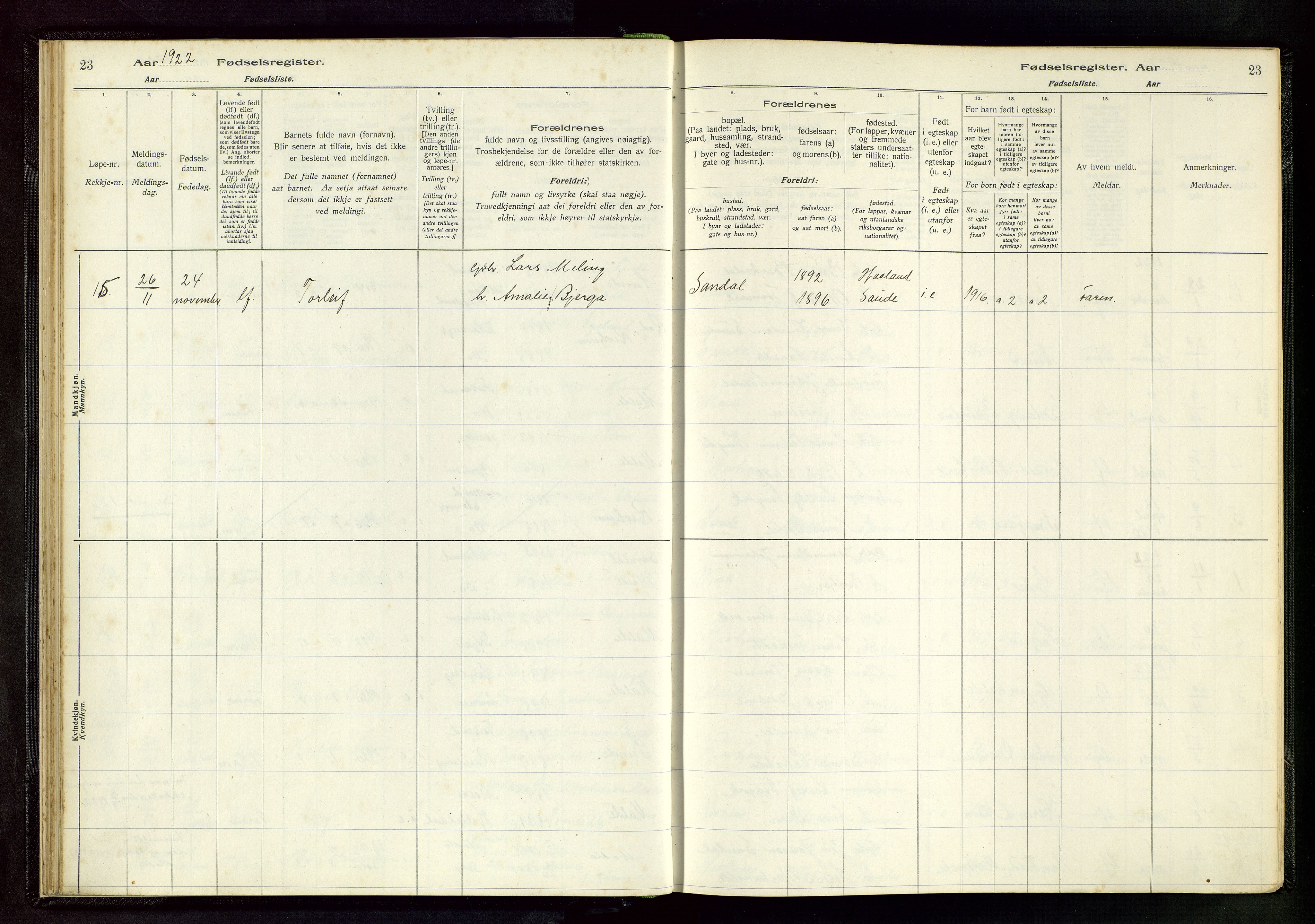 Håland sokneprestkontor, SAST/A-101802/002/A/L0005: Fødselsregister nr. 5, 1916-1957, s. 23