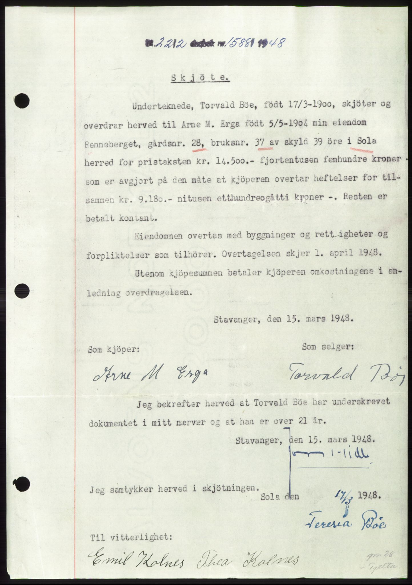 Jæren sorenskriveri, SAST/A-100310/03/G/Gba/L0098: Pantebok, 1948-1948, Dagboknr: 1588/1948